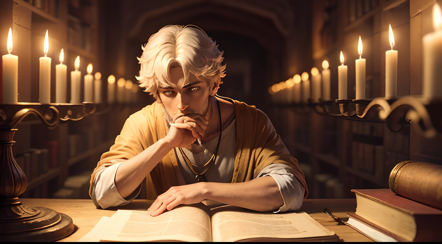 A candle-lit chamber, revealing Pythagoras deep in thought, surrounded by ancient scrolls.