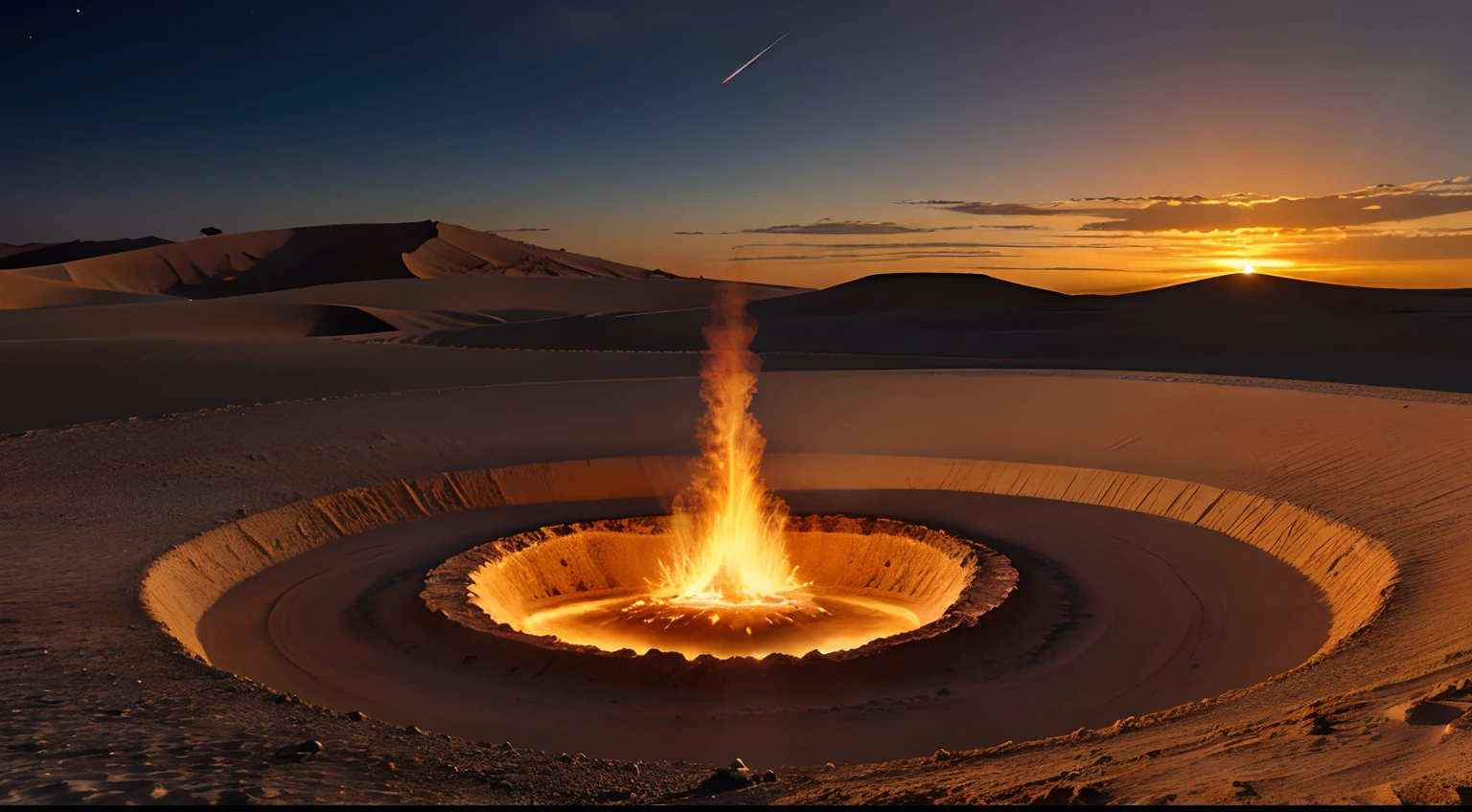 an immense crater in flames in the middle of the Karakum desert