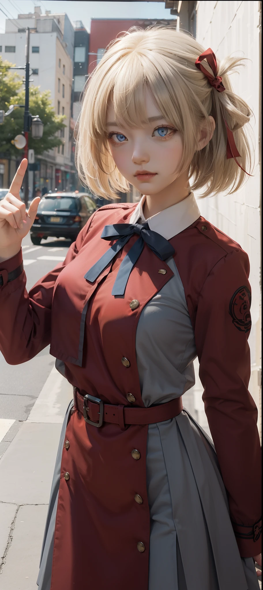 chisatonishikigi, nishikigi chisato, short hair, bangs, blonde hair, (red eyes:1.5), hair ribbon, one side up, bob cut,
BREAK shirt, long sleeves, dress, ribbon, white shirt, collared shirt, belt, neck ribbon, red dress, blue ribbon, pleated dress, grey dress, two-tone dress, red belt, lycoris uniform,,
BREAK outdoors, city,
BREAK looking at viewer, BREAK (masterpiece:1.2), best quality, high resolution, unity 8k wallpaper, (illustration:0.8), (beautiful detailed eyes:1.6), extremely detailed face, perfect lighting, extremely detailed CG, (perfect hands, perfect anatomy),