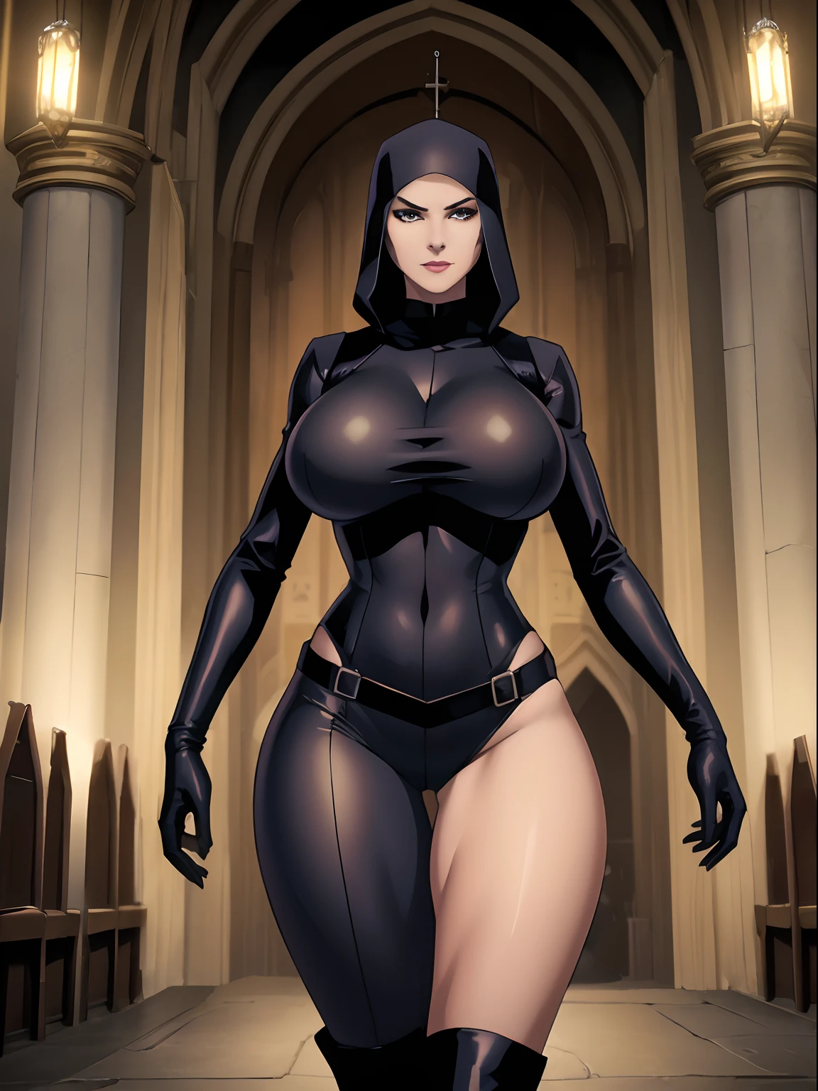(masterpiece, top quality, best quality, official art, beautiful and aesthetic:1.2), (1girl:1.3), light freckles, fair skin, extremely detailed, portrait, looking at viewer, solo, (full body:0.6), detailed background, close up, (dark gothic theme:1.1), nun with guns, charlatan, smirk, mysterious, swaggering through cathedral, modest attire, black habit, cowl, nun hood, wimple, thigh-high boots, bodysuit, leotard, corset, leather straps, ammunition pouches, long boots, submachineguns, SMGs, MP5s, thigh pouches, holsters, garters, ((((narrow hips, slim sexy body, gigantic breasts)))), slim waist, slim hips, long legs, modern (cathedral exterior:1.1) background, dark mysterious lighting, shadows, magical atmosphere, dutch angle,