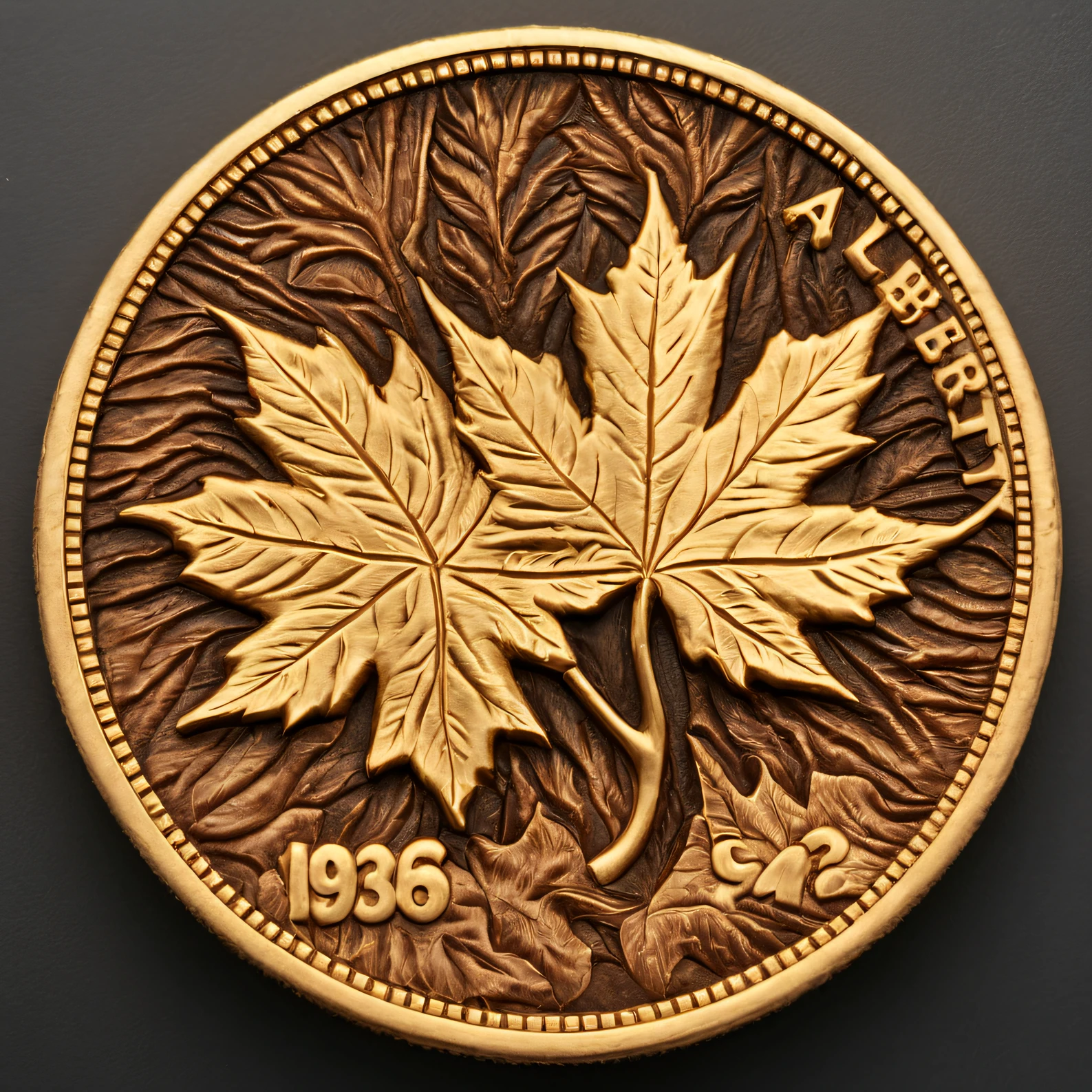 cnl lighting ，A gold coin is carved with a realistic maple leaf，tmasterpiece