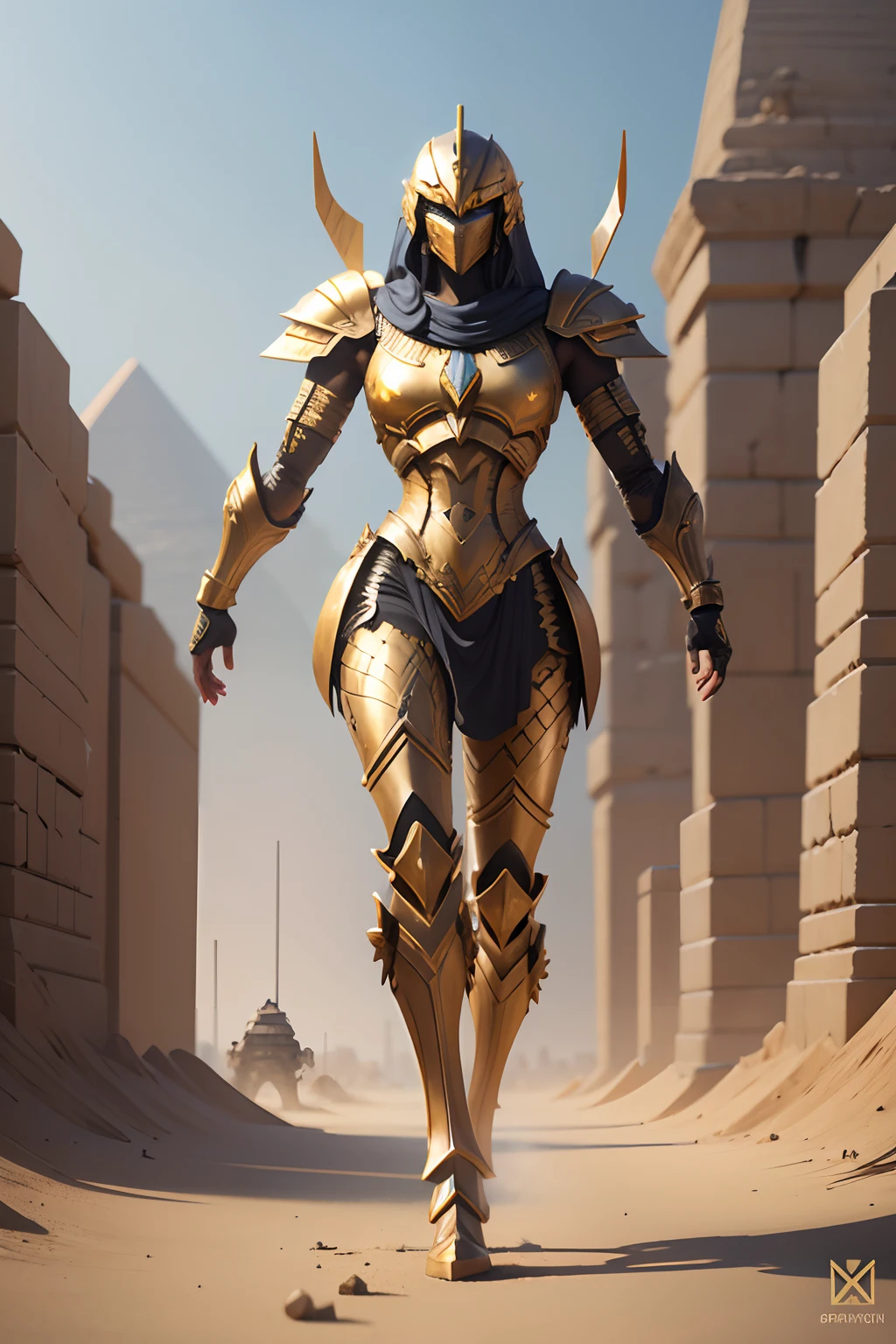 Egyptian winged robotic scorpion warrior in realistic 4K armor., full entire body,Pyramids,Super Detailed, Vray Display, Unrealistic engine, Midjourney Art Style.