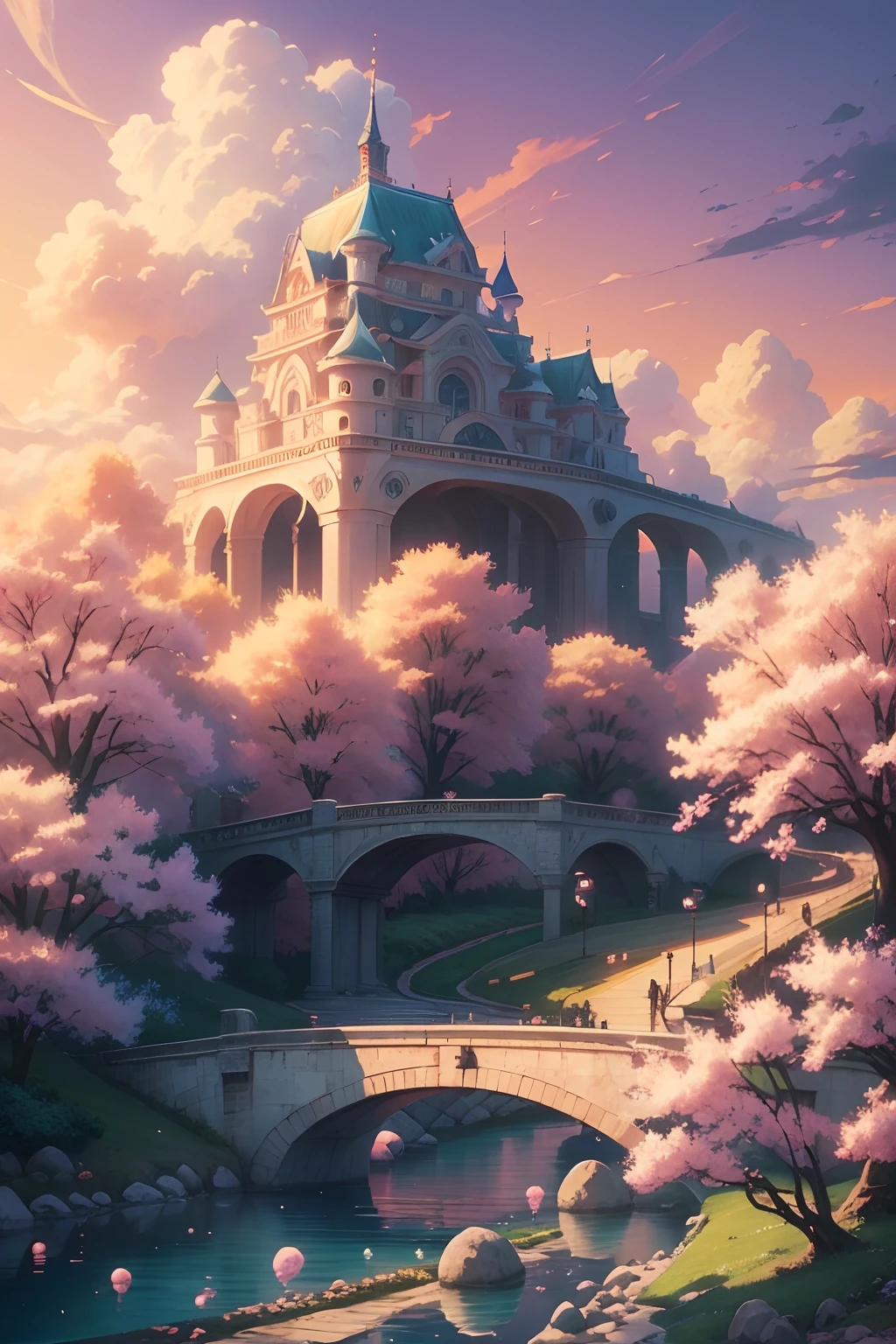bubbles and swirling fountains, painting of a beautiful landscape with a river and a bridge, beautiful art uhd 4 k, anime beautiful peace scene, anime nature, anime art wallpaper 4k, cotton candy, fluffy, beautiful puffy drillhair woman, hydrangea, mock orange, fragrance, orange scent, cherry blossom, swirling cotton candy clouds, anime art wallpaper 4 k, scenery artwork, anime art wallpaper 8 k, anime landscape wallpaper, beautiful anime scenery, anime nature wallpap, beautiful anime scene, anime wallpaper 4k, anime style 4 k