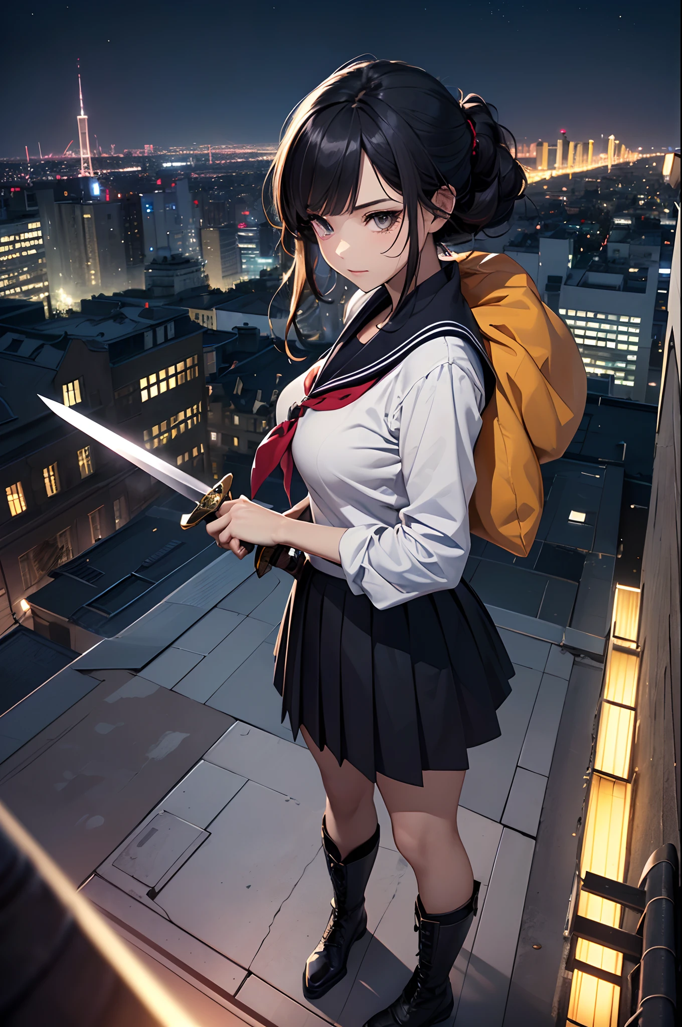 (Official art、Best Quality、Unity 8k Wallpapers、32K、masterpiece、ultra-detailliert、超A high resolution、realisitic、Photorealsitic:1.2)、(Cinematic lighting:1.2)、Fireglow effect、film grains、Best Shadows、Rim lighting、side lights、sideshot、(Ultra-detailed and complex 3D rendering)、Detailed beautiful face and eyes、Sharp pupils、Realistic pupils、A slender、1Man Woman、Medium bust、(Full body:1.2)、 Highly detailed background、beauitful face、16-year-old beautiful girl、(super detailed skin、detailed skin textures:1.3)、Black hair、Blunt bangs、Brown-eyed、a sailor suit、pleatedskirt、Black stockings、(thighs thighs thighs thighs:0.8)、Black boots、(City at night、On the roof of a building:1.4)、(Carrying a big sword on your back:1.3)、(Looking away、overlooking a city:1.3)、plushies