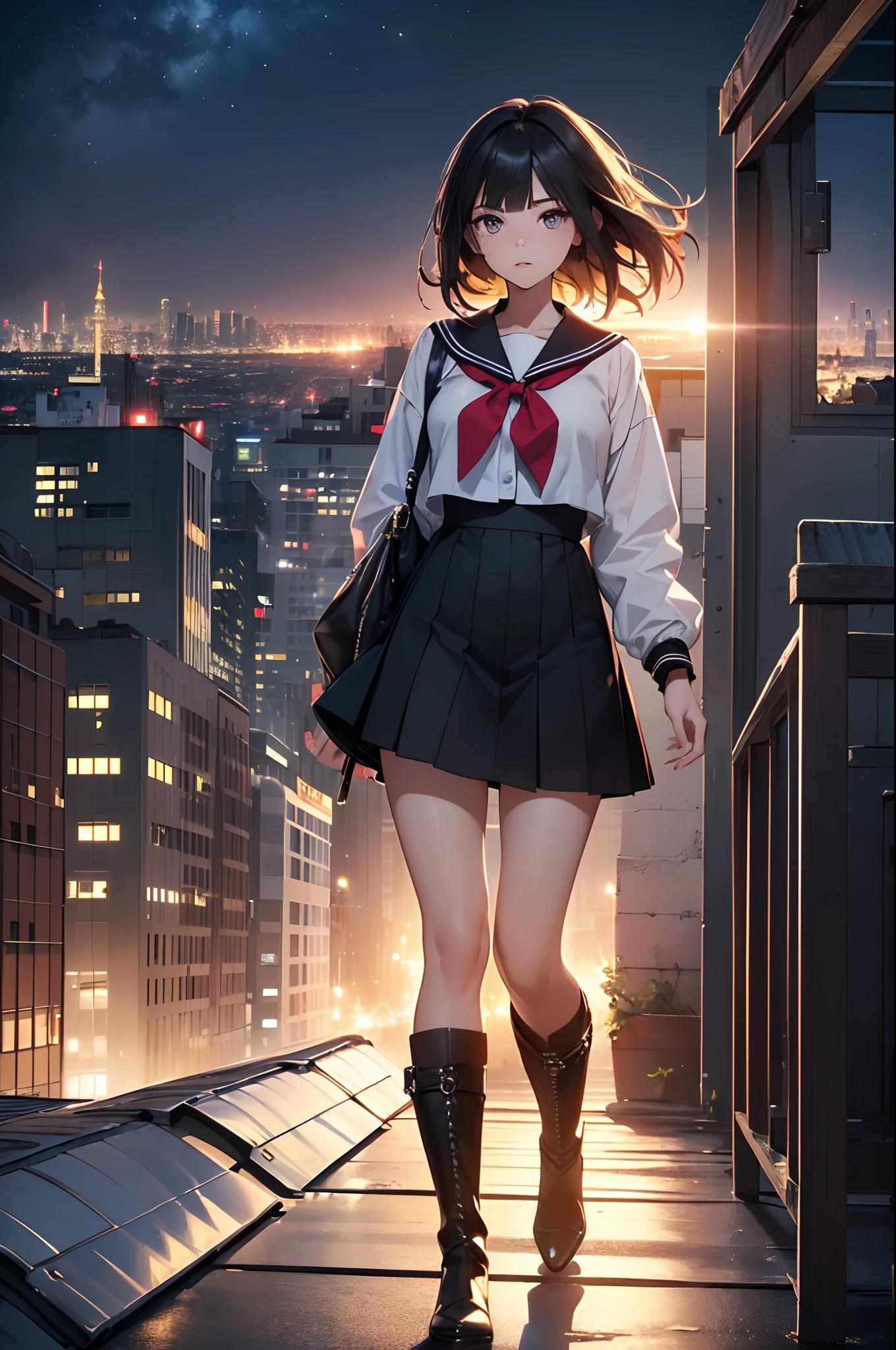 (Official art、Best Quality、Unity 8k Wallpapers、32K、masterpiece、ultra-detailliert、超A high resolution、realisitic、Photorealsitic:1.2)、(Cinematic lighting:1.2)、Fireglow effect、film grains、Best Shadows、Rim lighting、side lights、sideshot、(Ultra-detailed and complex 3D rendering)、Detailed beautiful face and eyes、Sharp pupils、Realistic pupils、A slender、1Man Woman、Medium bust、(Full body:1.2)、 Highly detailed background、beauitful face、16-year-old beautiful girl、(super detailed skin、detailed skin textures:1.3)、Black hair、Blunt bangs、Brown-eyed、a sailor suit、pleatedskirt、Black stockings、(thighs thighs thighs thighs:0.8)、Black boots、(City at night、On the roof of a building:1.4)、(Carrying a big sword on your back:1.3)、(Looking away、overlooking a city:1.3)、plushies