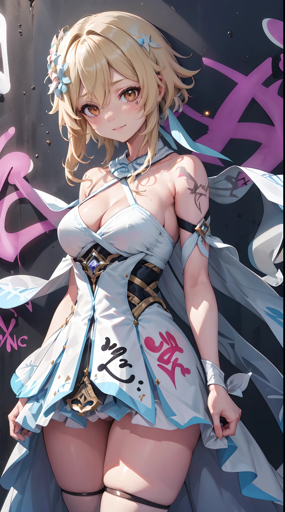 Lumine | genshin impact, master-piece, bestquality, 1girls,25 years old, proportional body, proportional., Wedding Dresses, White Wedding Dress, wedding, mediuml breasts, ,bara, choker, (Graffiti:1.5), Splash with purple lightning pattern., arm behind back, against wall, View viewers from the front., Thigh strap, Head tilt, bored, 10, 10, HD, slight smile,