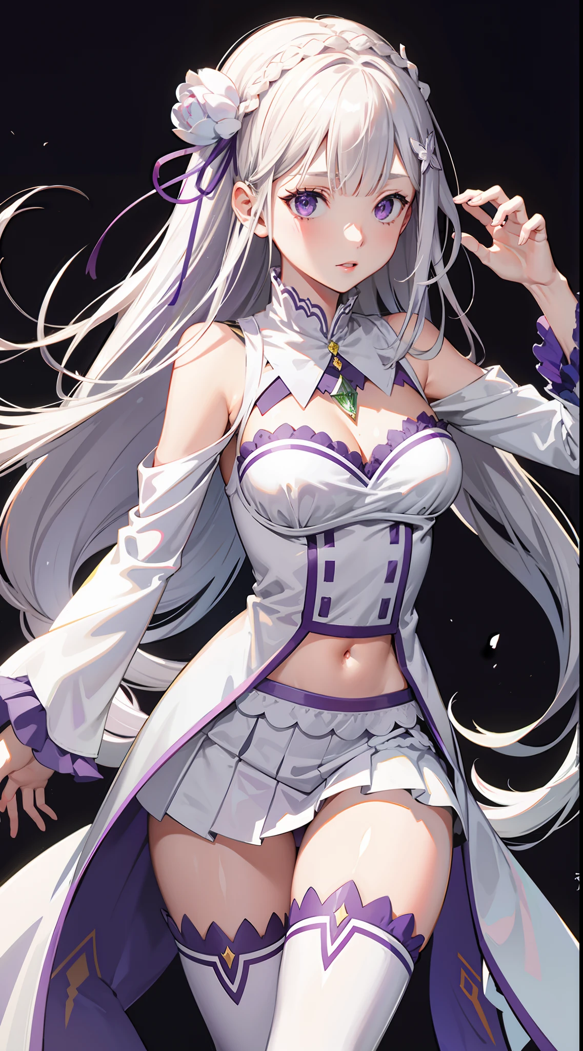 high resolution, soft light, purple eyes, white hair, long hair, shoulder less, Emilia re zero, slim legs, navel, thigh high, short skirt, cleavage, medium breast