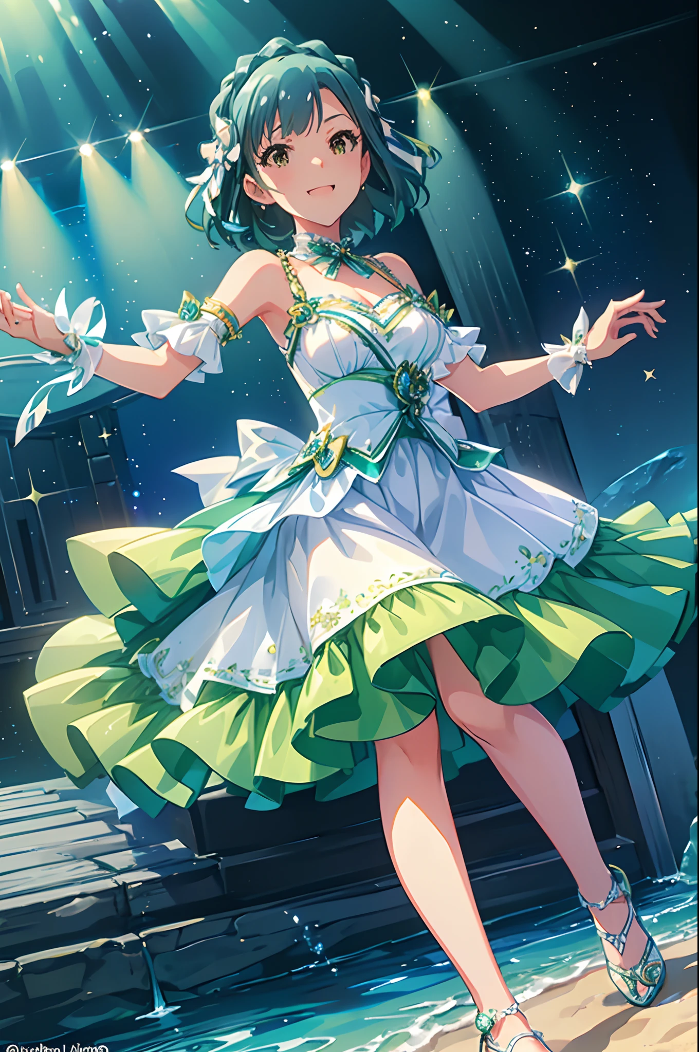 yuriko nanao (million live), 1 girl, Solo, Best Quality, High resolution, 8K, Wallpaper, Ultra-detailed, Detailed face, Smile, Dynamic Paws, idol costume, ((sundress)), (lightgreen and white dress:1.5), Aqua Blue Frill, ((Large aqua blue ribbon on the waist)), Weaving for viewers, , strong lights, beach, ocean,
