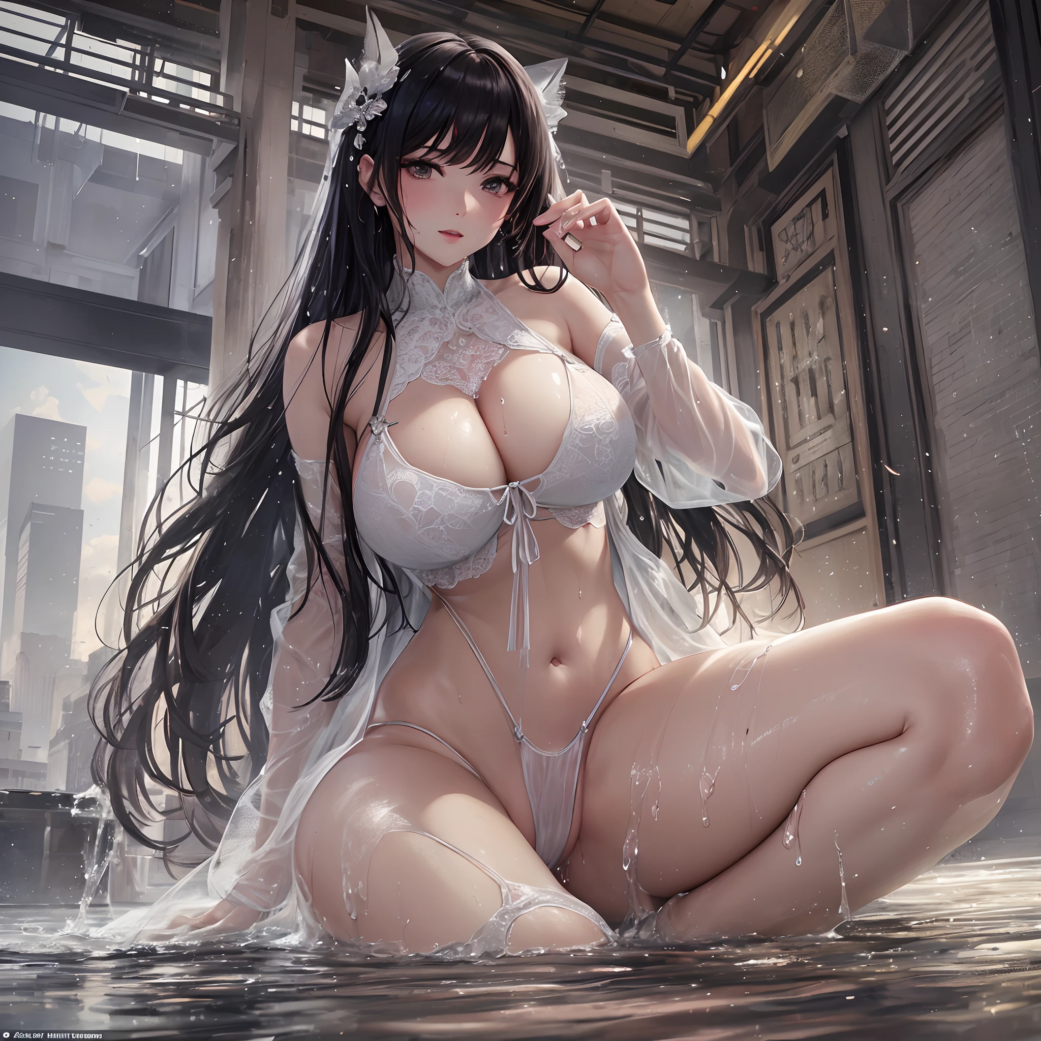 The ultimate masterpiece，(Fidelity:1.2)，((The action is charming，Wet temptation)),(Sexy human wife)，(Asian girl))，Unlimited scenery，Lie down，(White:1.2+White:1.1)，((Huge big breasts,Firm breasts))，Two spots of dew，(semi transparent:1.1)，Looming，(Open thong: 1.0)，Lots of pubic hair，Open crotch racket，Open legs，(lisses: 1.1)，(Clear curve details: 1.1)，(adolable: 0.9)，(Shiny: 1.1)，(goddes: 1.2)，Domestic style，The warmest yellow，The environment is mysterious and elegant，The model is beautiful and sexy，