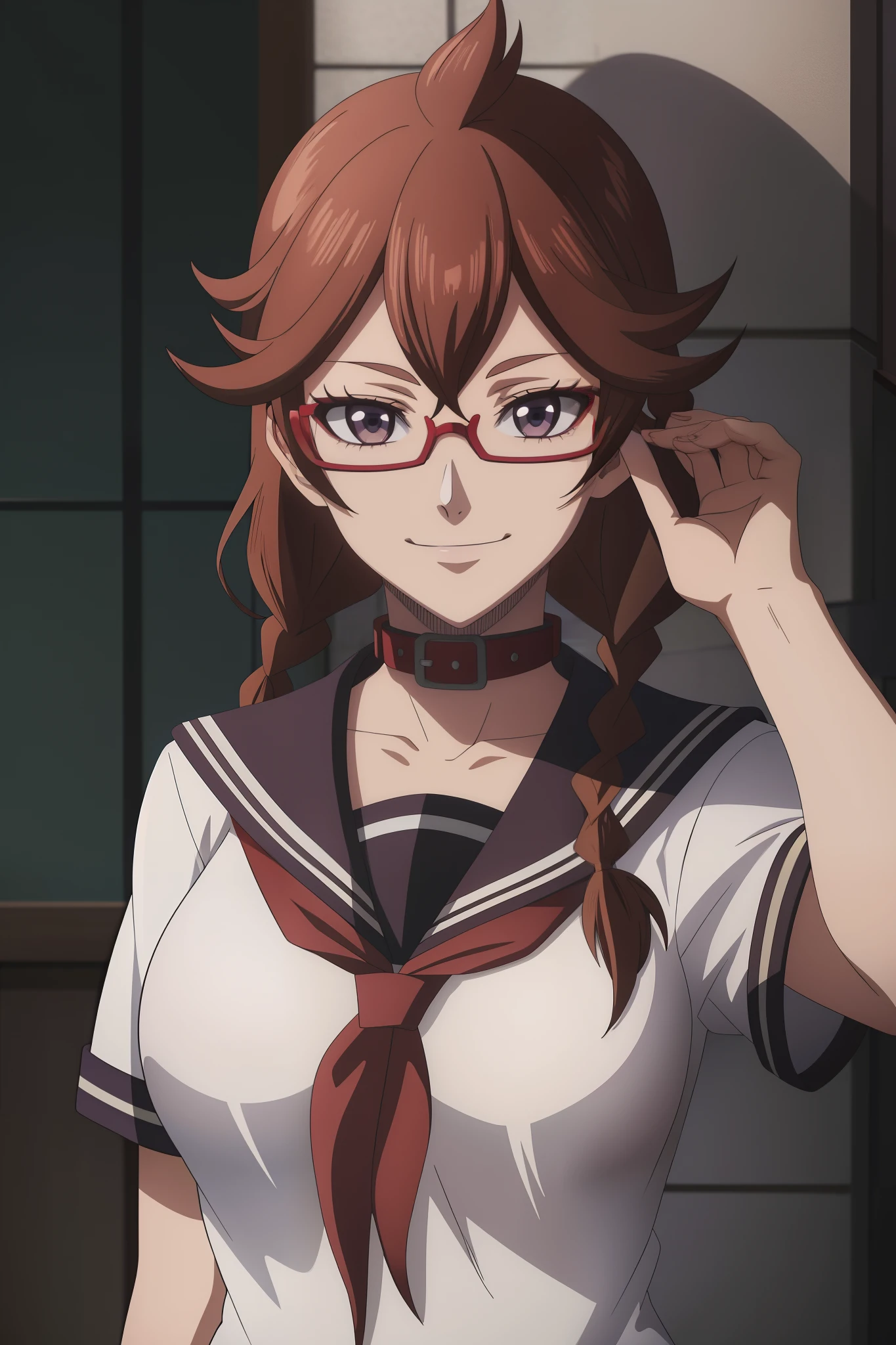 1girl, masterpice, high quality, best quality, good anime picture, misaki, ((school uniform)), ((serafuku)), glasses, twin braids, ((collar)), hair ornament, upper body, big breasts, dynamic light and shadows, smile, (adjusting eyewear:1.2), multicolor outfit, brown hair, nun, red uniform