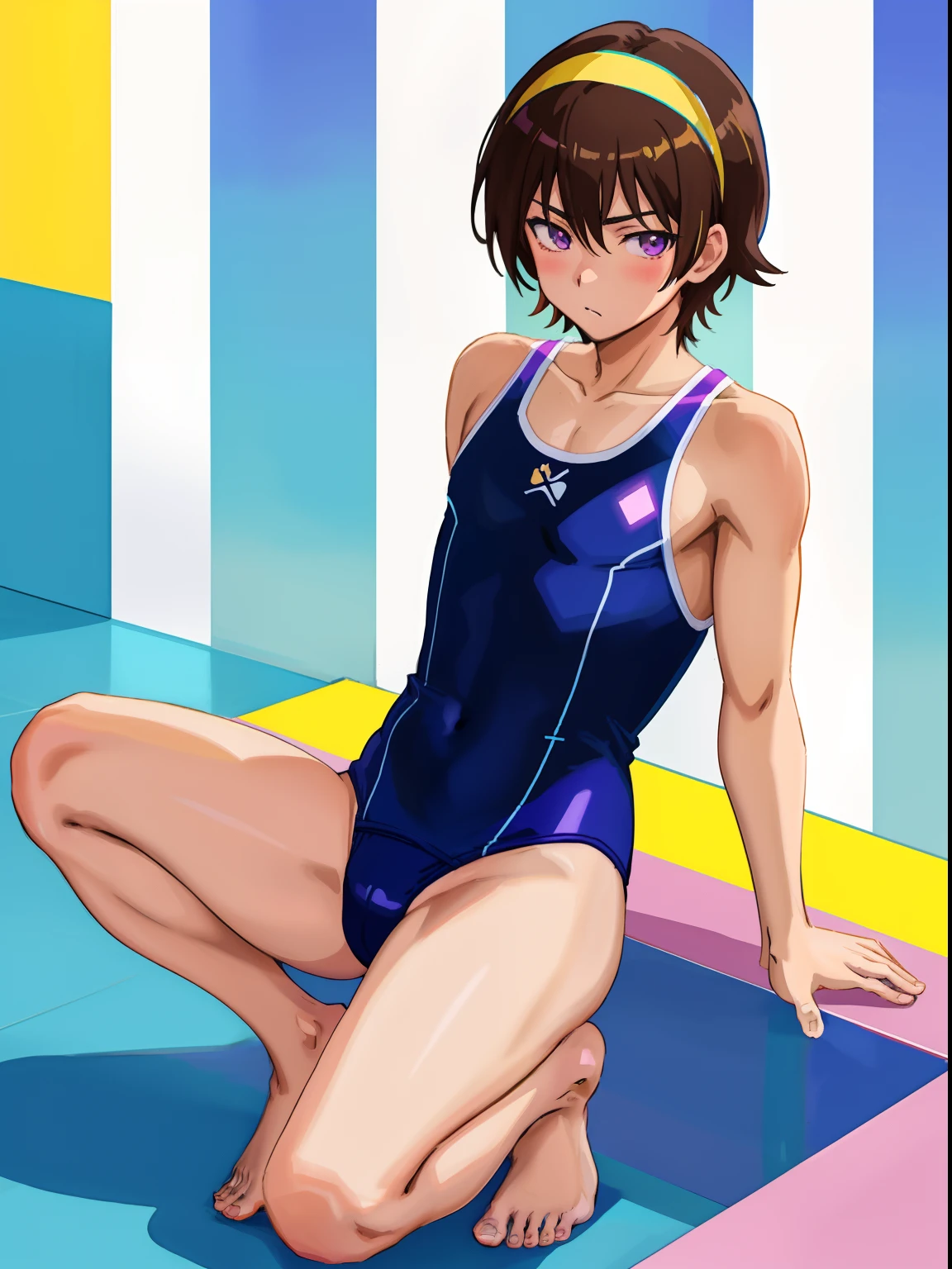 Anime boy sitting on the floor with legs crossed, Long Two Side Up Brown Hair Boy, Boy with Purple Eyes, Beautiful anime boy crouching, Boy in swimsuit, marin kitagawa fanart, In a one-piece swimsuit, Anime boys are squatting, Cool anime boy in tank suit, Anime Boy, Cool anime boys, garments:High-cut swimwear, painted in anime painter studio, School swim wear, Ecchi anime style, School Swimwear, beautiful alluring anime , Seductive Anime Boy, (Anime Boy), Yellow Hairband, Highleg School Swimwear, Cute anime boy, highleg, Anime Boy, Bare shoulders, bare legs,