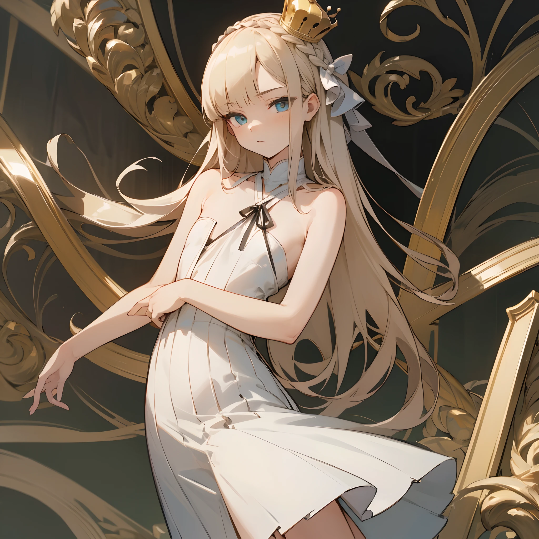 Reines, 1girl, high quality, best quality, illustration, masterpiece, (highly detailed:1.2), (extremely detailed:1.3), flat chest, sleeveless, bare shoulders, young girl, white dress, looking at viewers, short skirt, white, string ribbon, crown braid