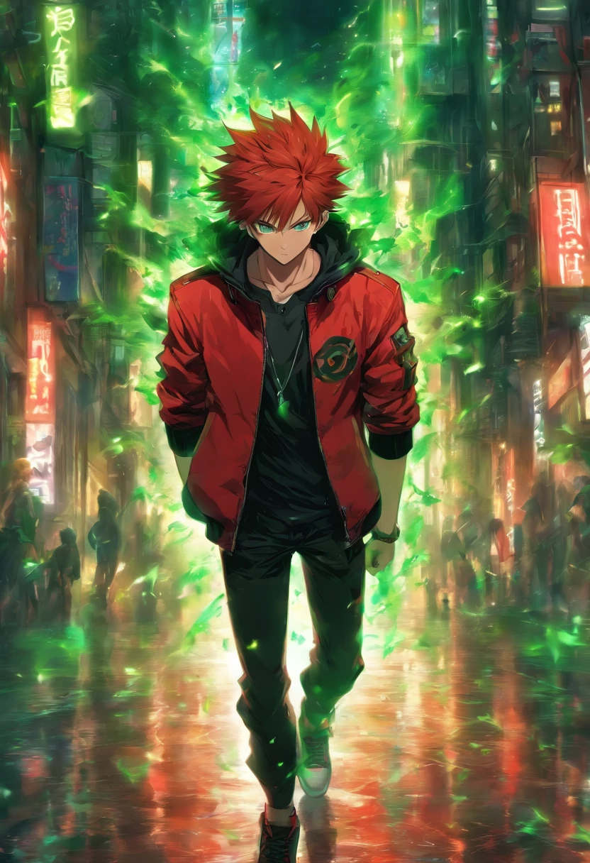 masterpiece, best quality, ultra-detailed, illustration, 1Boy, young, red hair, green eyes, red jacket, black shirt, black pants, red shoes,
