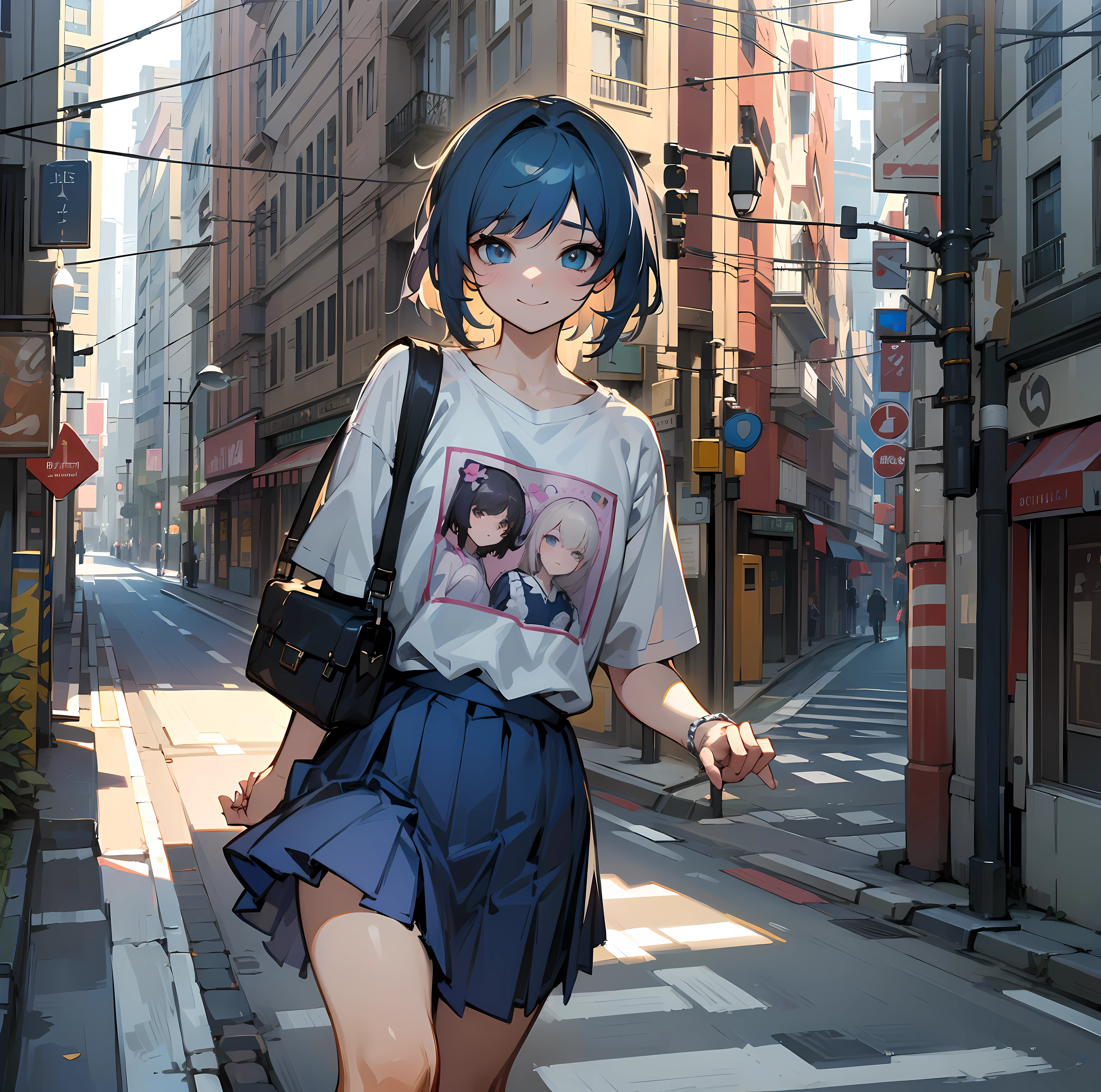 (Masterpiece:1.2), Best quality, A high resolution, Original, (Extremely detailed:1.2), Ultra-detailed, the wallpaper, Perfect lighting,(Extremely detailed CG:1.2), 8K, illustration, 1 trap, femboy, Cross-dressing, Solo, {delicate|detailed}eyes, {delicate|detailed}face, Smile, harajuku Fashion T-shirt, darkblue pleated skirt, Delicate fabrics, ({delicate|detailed}hands, {delicate|detailed}fingers, 5 fingers), Walking, Streets in the city, Light, Sunny, Unity, Anime style, (Image restoration:1.2)
