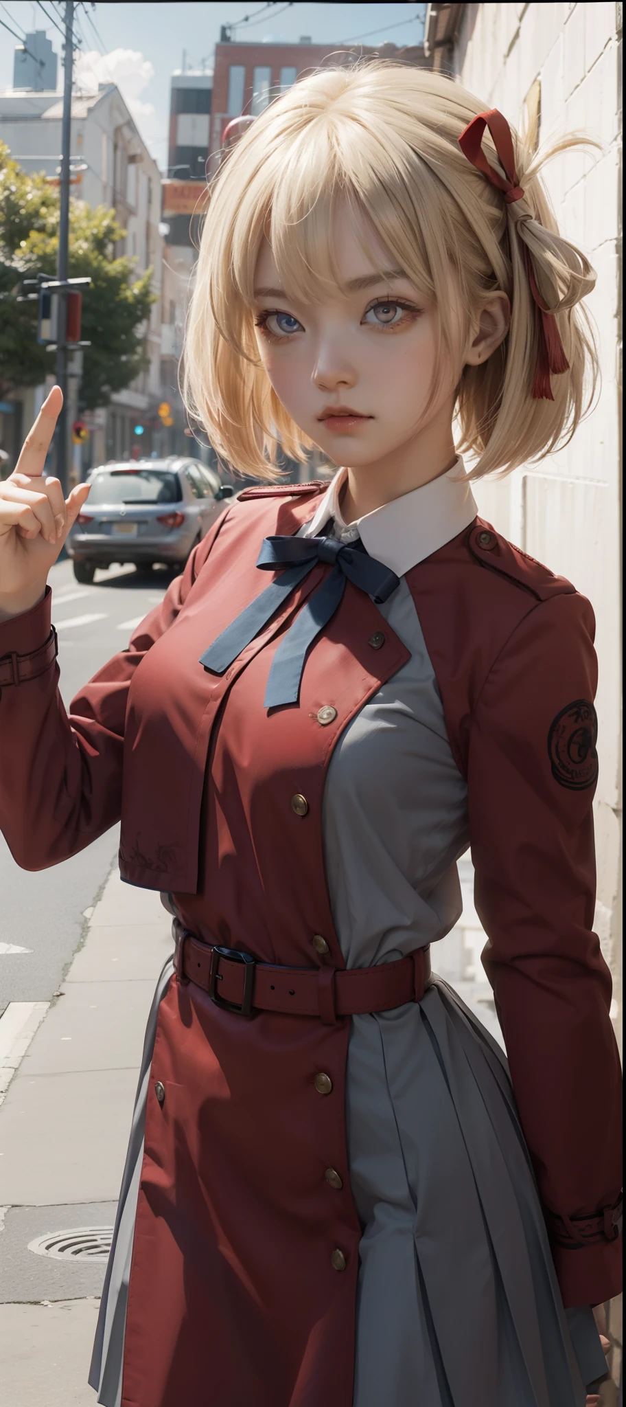 chisatonishikigi, nishikigi chisato, short hair, bangs, blonde hair, (red eyes:1.5), hair ribbon, one side up, bob cut,
BREAK shirt, long sleeves, dress, ribbon, white shirt, collared shirt, belt, neck ribbon, red dress, blue ribbon, pleated dress, grey dress, two-tone dress, red belt, lycoris uniform,,
BREAK outdoors, city,
BREAK looking at viewer, BREAK (masterpiece:1.2), best quality, high resolution, unity 8k wallpaper, (illustration:0.8), (beautiful detailed eyes:1.6), extremely detailed face, perfect lighting, extremely detailed CG, (perfect hands, perfect anatomy),