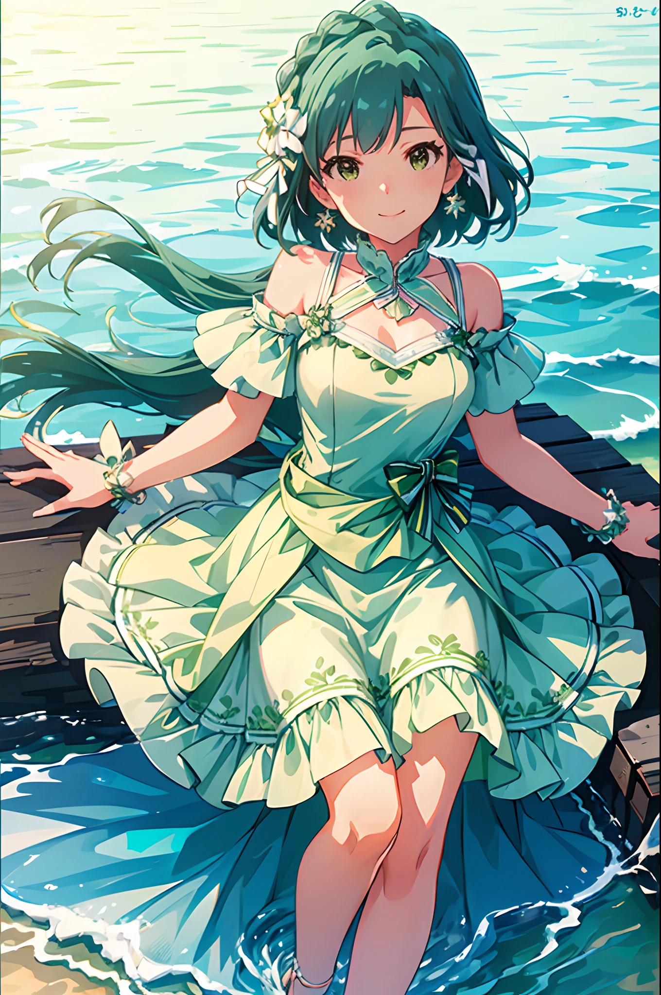 yuriko nanao (million live), 1 girl, Solo, Best Quality, High resolution, 8K, Wallpaper, Ultra-detailed, Detailed face, Smile, Dynamic feet, ((sundress)), (Light green and white dress:1.5), Aqua Blue Frill, ((Large aqua blue ribbon on the waist)), Weaving for viewers, , strong lights, Beach, ocean,