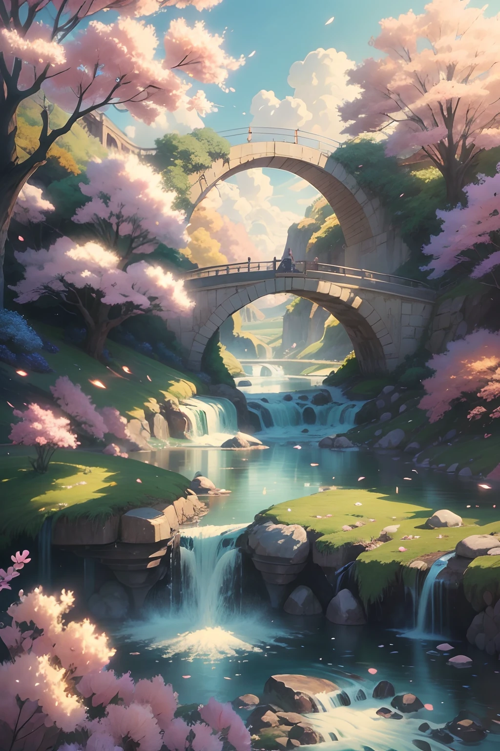 bubbles and swirling fountains, painting of a beautiful landscape with a river and a bridge, beautiful art uhd 4 k, anime beautiful peace scene, anime nature, anime art wallpaper 4k, cotton candy, fluffy, beautiful puffy drillhair woman, hydrangea, mock orange, fragrance, orange scent, cherry blossom, swirling cotton candy clouds, anime art wallpaper 4 k, scenery artwork, anime art wallpaper 8 k, anime landscape wallpaper, beautiful anime scenery, anime nature wallpap, beautiful anime scene, anime wallpaper 4k, anime style 4 k