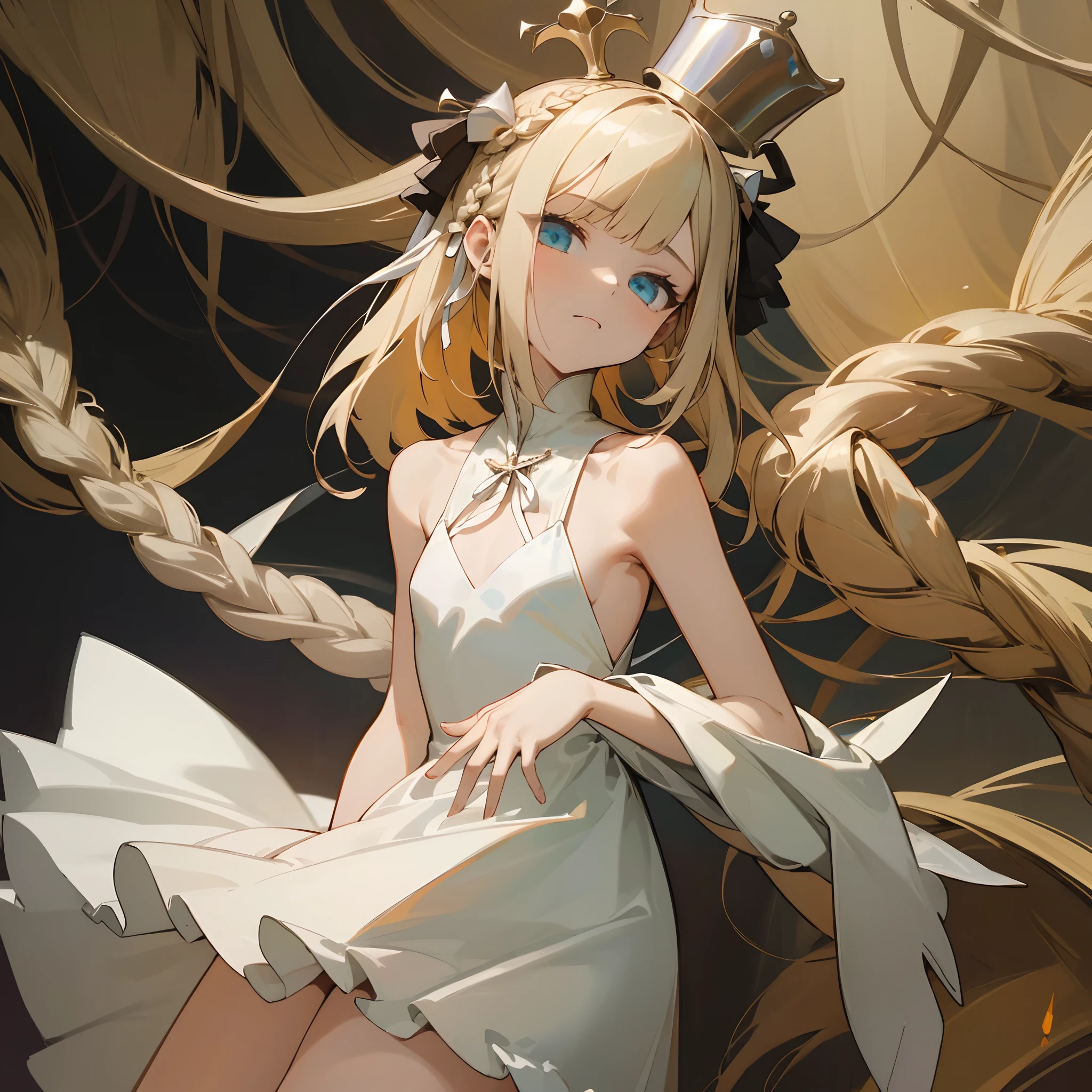 Reines, 1girl, high quality, best quality, illustration, masterpiece, (highly detailed:1.2), (extremely detailed:1.3), flat chest, sleeveless, bare shoulders, young girl, white dress, looking at viewers, short skirt, white, string ribbon, crown braid