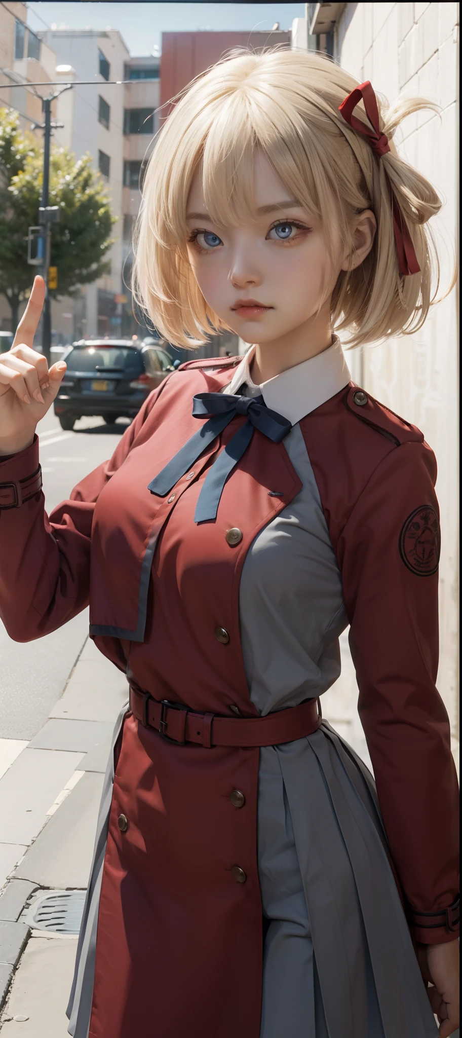 chisatonishikigi, nishikigi chisato, short hair, bangs, blonde hair, (red eyes:1.5), hair ribbon, one side up, bob cut,
BREAK shirt, long sleeves, dress, ribbon, white shirt, collared shirt, belt, neck ribbon, red dress, blue ribbon, pleated dress, grey dress, two-tone dress, red belt, lycoris uniform,,
BREAK outdoors, city,
BREAK looking at viewer, BREAK (masterpiece:1.2), best quality, high resolution, unity 8k wallpaper, (illustration:0.8), (beautiful detailed eyes:1.6), extremely detailed face, perfect lighting, extremely detailed CG, (perfect hands, perfect anatomy),