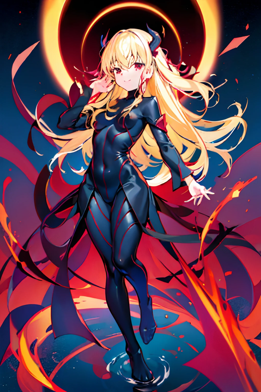 Carefully draw the face　5  girl　High-quality faces in anime style　a blond　Shiny black full body suit　Red lines all over the body　seductiv　a smile　Succubus Back View