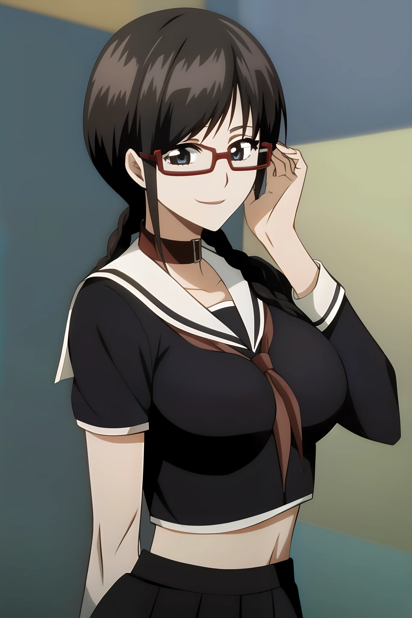 1girl, masterpice, high quality, best quality, good anime picture, misaki, ((school uniform)), ((serafuku)), glasses, twin braids, ((collar)), hair ornament, upper body, big breasts, dynamic light and shadows, smile, (adjusting eyewear:1.2), multicolor outfit, brown hair, nun, red uniform