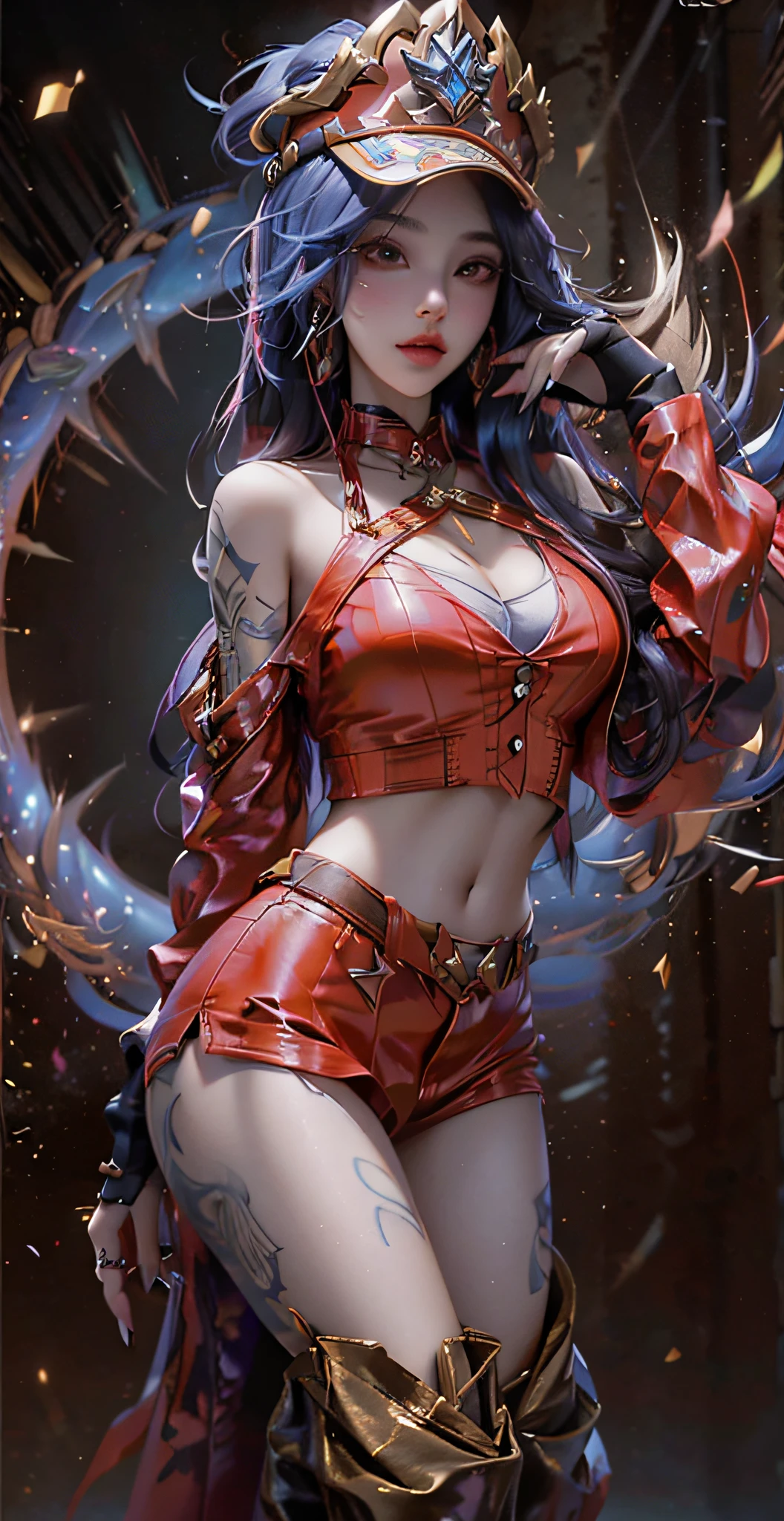 1 girlirl， Beautiful and realistic Cardi B as a semi-Asian mestizo, Half of League of Legends Spanish Prestige KDA comes entirely from Achri，Ultra HD, 8K quality, A girl, Very long hair， Detailed eyes, Frontal capture, Unreal Engine 5,Wearing a military cap，Military uniform temptation，Red military uniform，Bright red tones
