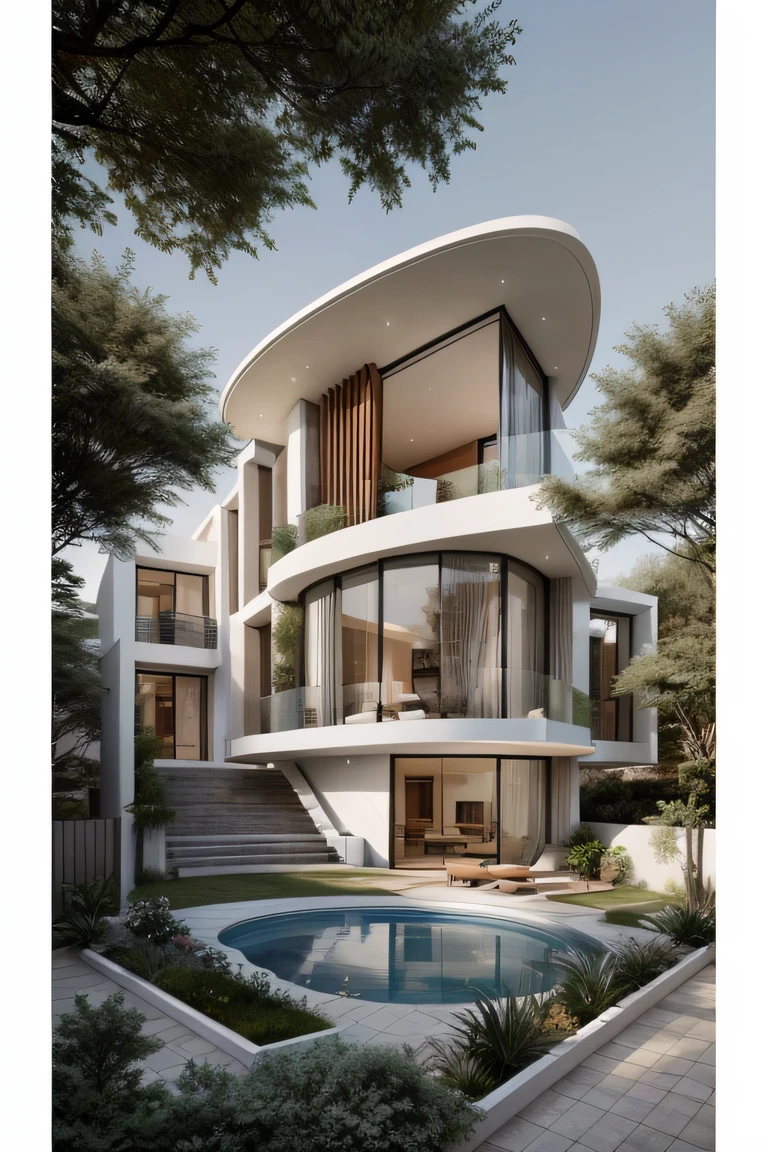 a drawing of a house with a staircase leading to a large glass window, high quality architectural art, architecture art, architectural illustration, contemporary architecture, mono,beautiful and realistic photos, busy surrounding space, realistic trees, surrounding landscape is the city, soft light, late afternoonchrome drawing, realistic architecture, architectural rendering, architectural sketch, in style of zaha hadid architect, architectural concepts, architectural concept, rounded architecture, architecture drawing, artistic drawing, exquisite architecture, beautiful artist rendering, architectural render