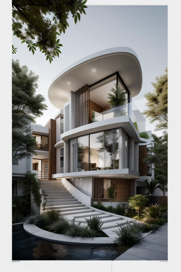 a drawing of a house with a staircase leading to a large glass window, high quality architectural art, architecture art, architectural illustration, contemporary architecture, mono,beautiful and realistic photos, busy surrounding space, realistic trees, surrounding landscape is the city, soft light, late afternoonchrome drawing, realistic architecture, architectural rendering, architectural sketch, in style of zaha hadid architect, architectural concepts, architectural concept, rounded architecture, architecture drawing, artistic drawing, exquisite architecture, beautiful artist rendering, architectural render