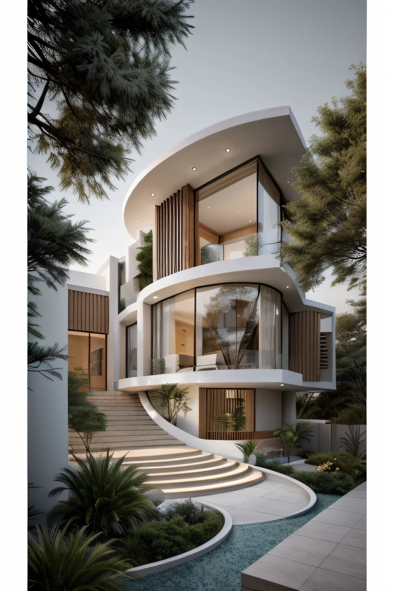 a drawing of a house with a staircase leading to a large glass window, high quality architectural art, architecture art, architectural illustration, contemporary architecture, mono,beautiful and realistic photos, busy surrounding space, realistic trees, surrounding landscape is the city, soft light, late afternoonchrome drawing, realistic architecture, architectural rendering, architectural sketch, in style of zaha hadid architect, architectural concepts, architectural concept, rounded architecture, architecture drawing, artistic drawing, exquisite architecture, beautiful artist rendering, architectural render