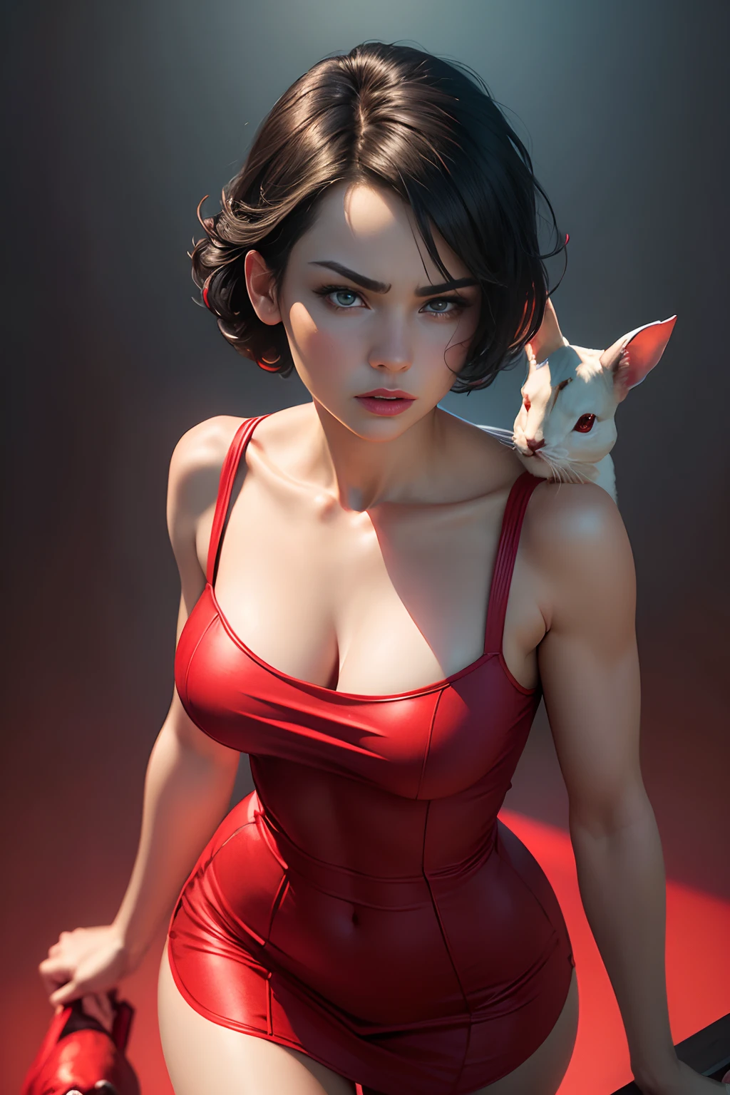 (best quality,ultra-detailed,realistic:1.37),woman dressed in a short red dress,beautiful detailed eyes, beautiful detailed lips,short black hair,angry face,red shorts,holding a blue stuffed rabbit in her right hand,expressive pose,artistic lighting,portrait,contrasting colors,dynamic composition,colorful background