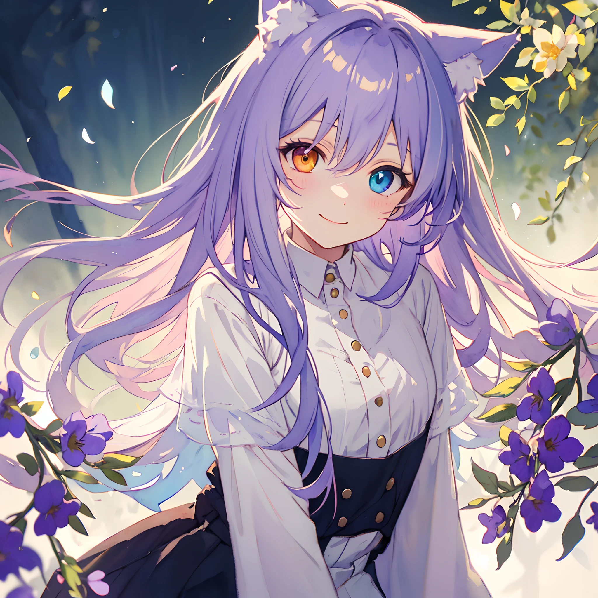 ((solo young catgirl)), lavender hair, nekomimi, simple plain background, relaxed, innocent smile, flowing hair, flowers, leaves, white light clothing, masterpiece, heterochromia, polychromia, (light background), (pastel colors), (muted colors), glow, soft, in the style of a watercolor painting, head tilt, perfect front illumination, depth of field