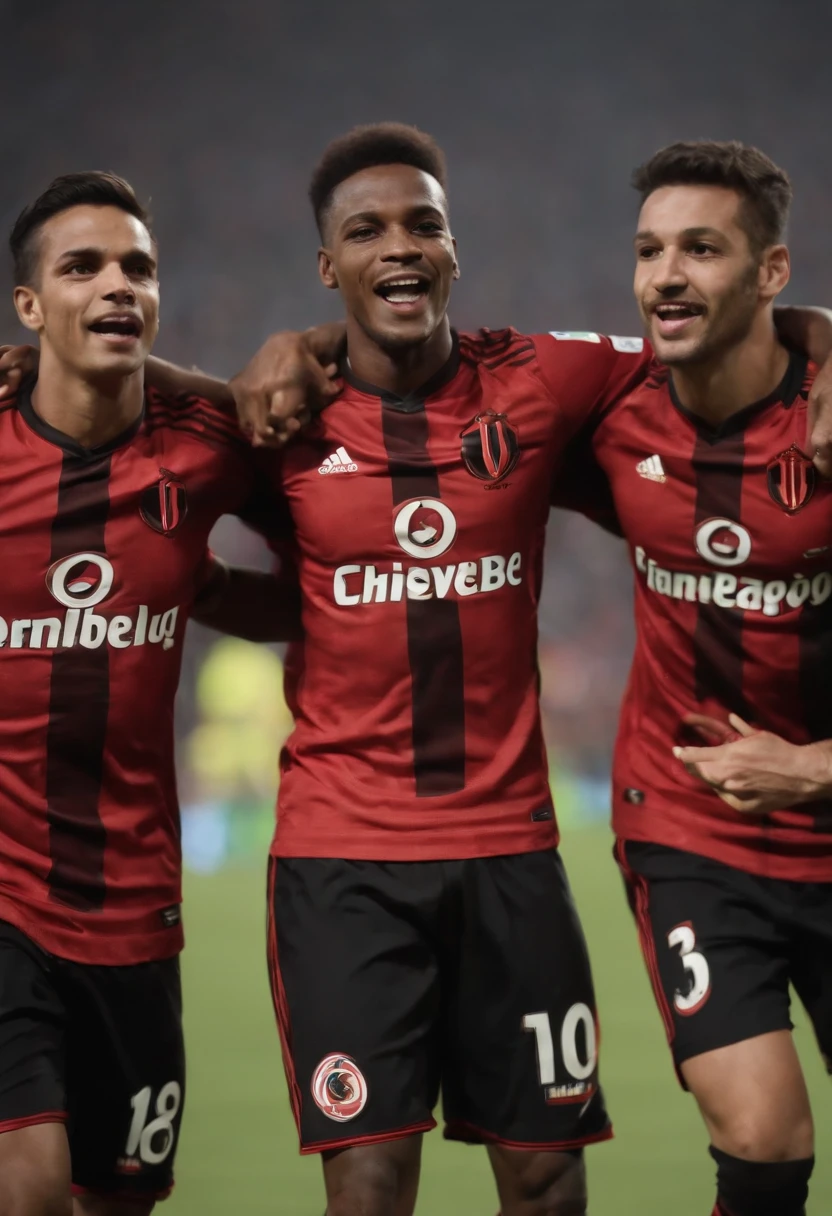 Create a dynamic and inspiring image for my Flamengo channel profile. Highlight the passion of Flamengo fans in a packed stadium, com bandeiras tremulando e um mar de vermelho e preto. Inclua o escudo do Flamengo em destaque, brilhando com intensidade e orgulho. Add iconic team players in celebratory poses, Conveying Determination and Success. Capture a energia contagiante do momento, Highlighting the special connection between players and fans. Ensure the image is clear and vibrant, reflecting the unique emotion that Flamengo brings to its fans. This image will be the visual symbol of our channel, representing the dedication and love for the club