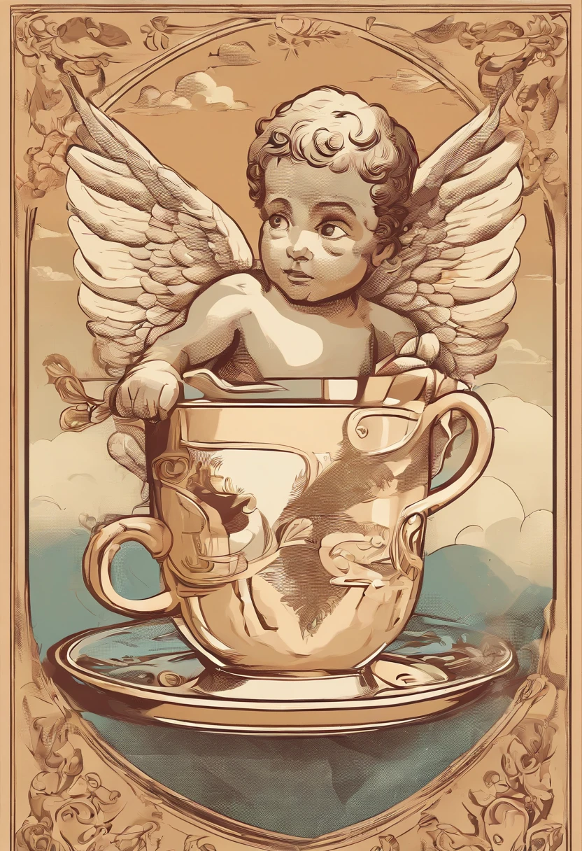 Cupid hold coffee cup in the sky