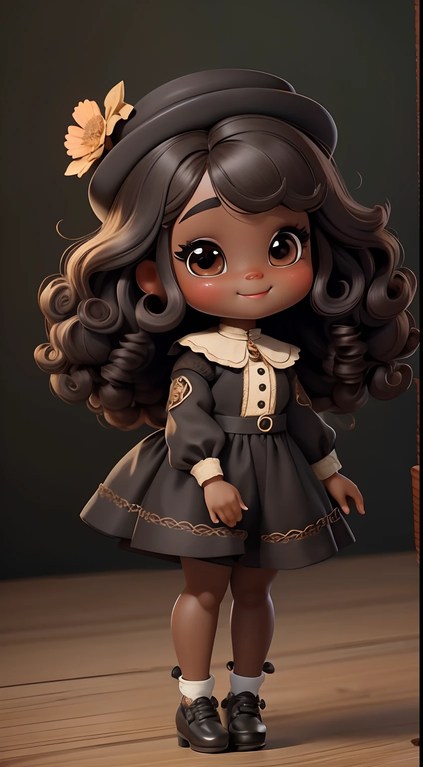 Create a set of cute afro loli chibi black doll with cute forest theme., Smiling and cute, Each piece has a lot of detail and 8K resolution.. brown skin. All dolls should follow the same and complete stable background pattern in the picture., Show (full entire body, Including legs: 1.5)
Fairy Doll: Call her Bella.. She should have long, curly hair in brown and black tones.. Your eyes should be big and bright., It has long eyelashes and rosy cheeks.. Bella should wear a country-style jumpsuit., fragile, Flowers and Details. She should wear a hat and no jewelry on her hands., Leave them with nothing.. Don't forget the details., With colorful details and charming décor., Cute shoes
Don't forget to add shadows., Texture and detail in hair, The clothes of each doll, To make them more cute and charming..