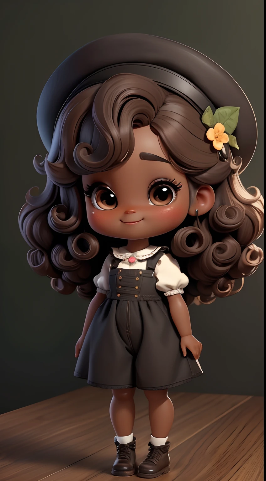 Create a set of cute afro loli chibi black doll with cute forest theme., Smiling and cute, Each piece has a lot of detail and 8K resolution.. brown skin. All dolls should follow the same and complete stable background pattern in the picture., Show (full entire body, Including legs: 1.5)
Fairy Doll: Call her Bella.. She should have long, curly hair in brown and black tones.. Your eyes should be big and bright., It has long eyelashes and rosy cheeks.. Bella should wear a country-style jumpsuit., fragile, Flowers and Details. She should wear a hat and no jewelry on her hands., Leave them with nothing.. Don't forget the details., With colorful details and charming décor., Cute shoes
Don't forget to add shadows., Texture and detail in hair, The clothes of each doll, To make them more cute and charming..