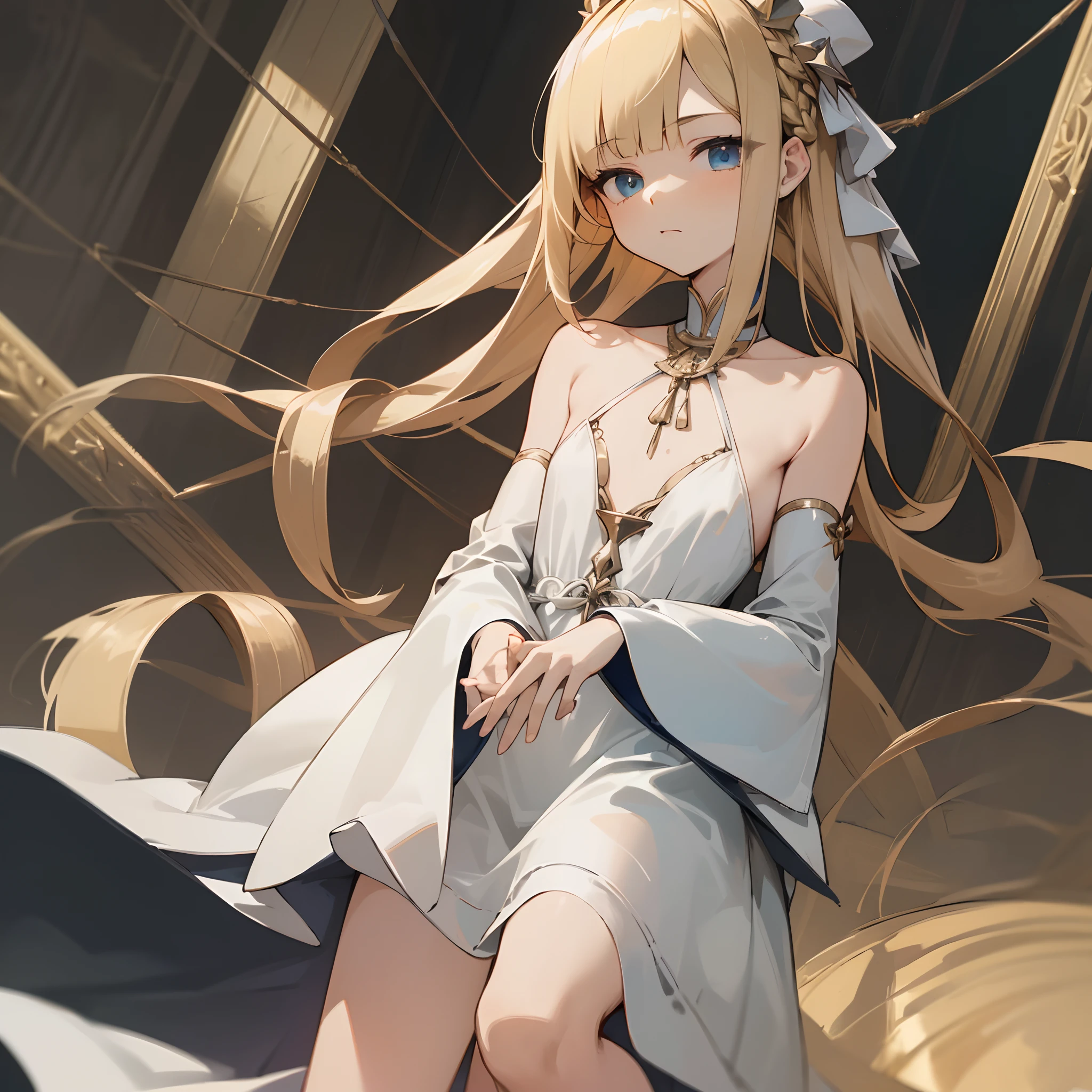 safe for work, best quality, 1 girl, female figure, yellow hair, blunt bangs, extra long hair, crystal blue eyes, indoors church, marble floor, golden blonde hair, cowboy shot, voluminous hair, wavy hair, cute girl, (medium small breasts), (young female body: 1.4), white dress, long white dress, flowy dress, long sleeves, flowing dress, lying on the stone floor, lying on backside, human sacrifice, looking from above, bird eye view, crying, tears, scared expression, marble floor, ropes, bondage