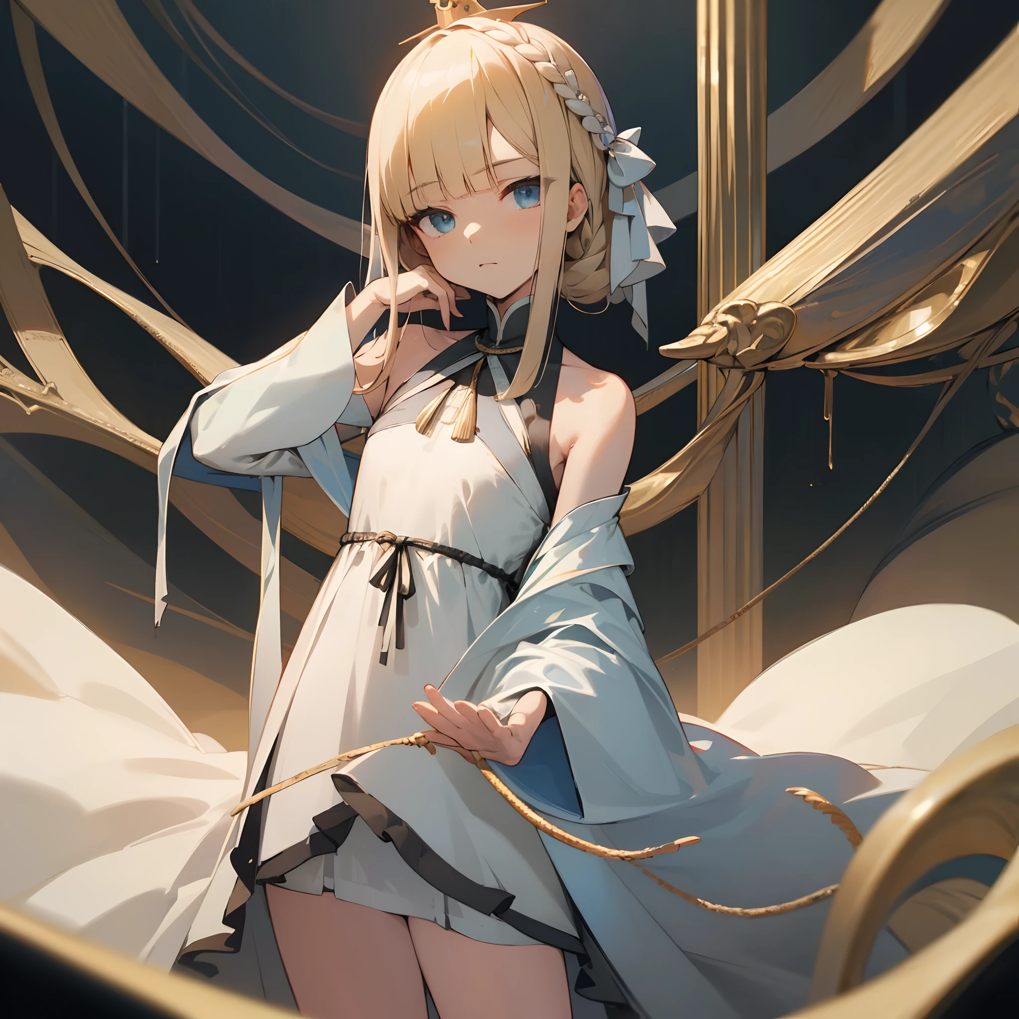 Reines, 1girl, high quality, best quality, illustration, masterpiece, (highly detailed:1.2), (extremely detailed:1.3), flat chest, bare shoulders, young girl, white dress, looking at viewers, short skirt, white, string ribbon, priestess, priestess's clothes, crown braid, petite