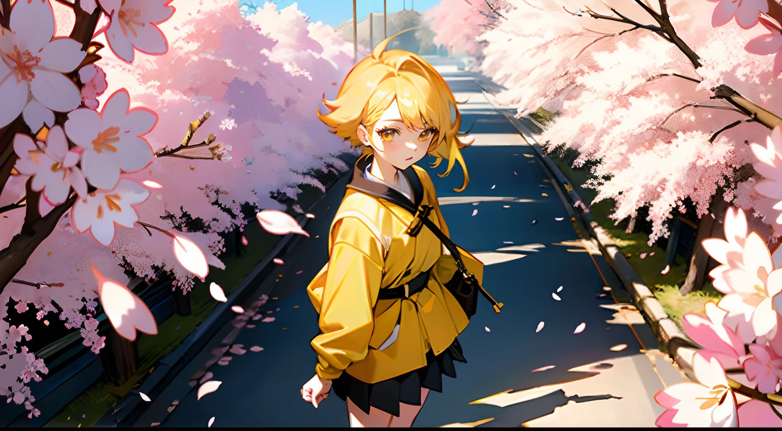 ((​masterpiece:1.4、top-quality)) 、(Cherry blossoms and 18-year-old woman、Dressed in yellow and looking up at cherry blossom branches、The sun is shining、squinting、18 year old woman in yellow clothes、cute little、Hands folded behind your back、Angle from the top、Blonde spiked hair and brown eyes、) 、(Yellow clothes、Black miniskirt、) 、Cobblestone ground、Cherry blossom petals flutter、
