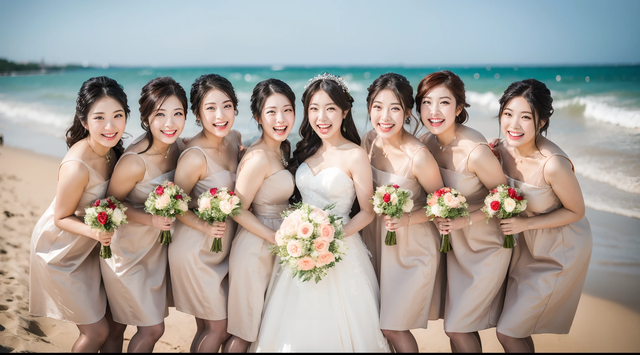 (RAW photo:1.2), (Photorealistic:1.4),Beautiful detailed woman, very detailed eyes and faces, A detailed eye, ultra - detailed, A high resolution, very detailed, best quality, unified, 8k, masterpiece, best quality,A group of girls posing for a group photo with the bride, military wedding, 1 girl wedding dress standing at the centre, bridesmaid wearing tight pastel colour dresses, surround bride, wide smile, 50D pantyhose, barefoot, standing, bright lighting, day time, korean style makeup, beach, celebration mood, candid, laughing