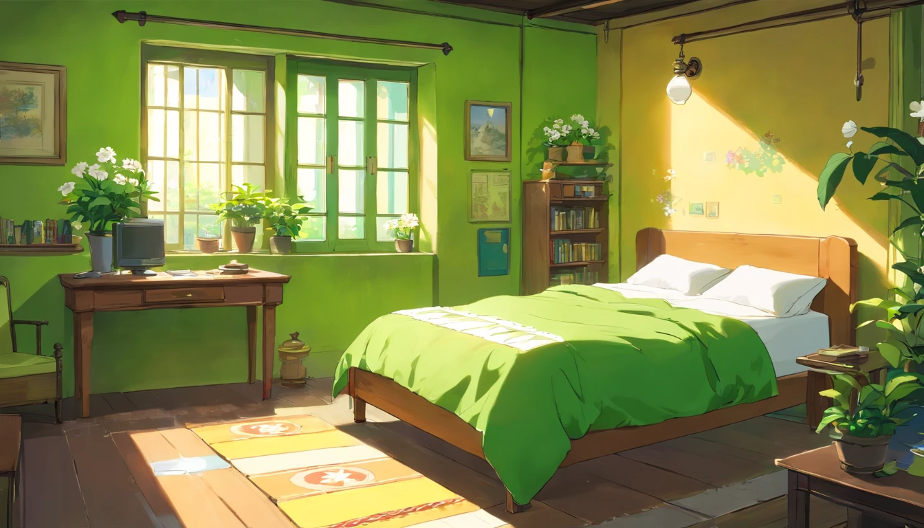 Urban Indoor,Room bedroom,a bed,single bed, Simple style, computer, white flower, guitar (the main color is green and yellow)