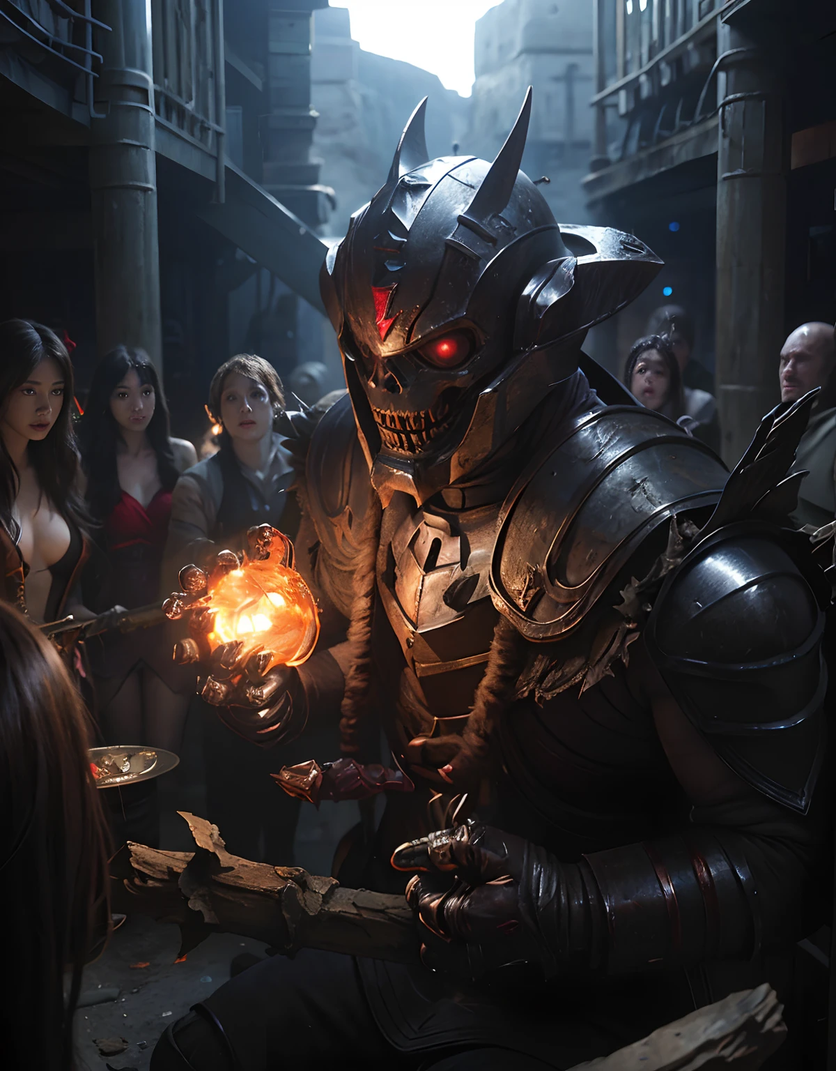 (One Knight Girl)、top-quality、masterpiece、超A high resolution、(Photorealsitic:1.4)、Raw photo、1人、(demon armor)、(Wear the Dark Knight's Armor)、glowy skin、(((Dark Fantasy)))、With a beautiful sword and shield、(Black Metal Bodysuit)、(Fight goblins、ogre、Fierce battle with orcs),(Fight fiercely against aliens)、Fight fiercely、(Skeleton collective background),(Background of decaying dungeon ruins)、(Skeleton helmet)、(Fighting Demonic Beasts)、(Small LED)、((super realistic details))、portlate、(Strong giant demon beast background),globalillumination、Shadow、octan render、8K、ultrasharp、Colossal tits、Raw skin is exposed in cleavage、metals、Details of complex ornaments、Japan details、highly intricate detail、Realistic light、(Mystical expression),CGSoation Trends、Red Eyes、radiant eyes、Facing the camera、neon details、(Mechanical limbs)、(blood vessels connected to tubes)、()、Gundam、Small LED、Toostock、(Fight aliens on another planet)、(Attack of the Monster Beasts)、(Wounded in a deadly battle)、