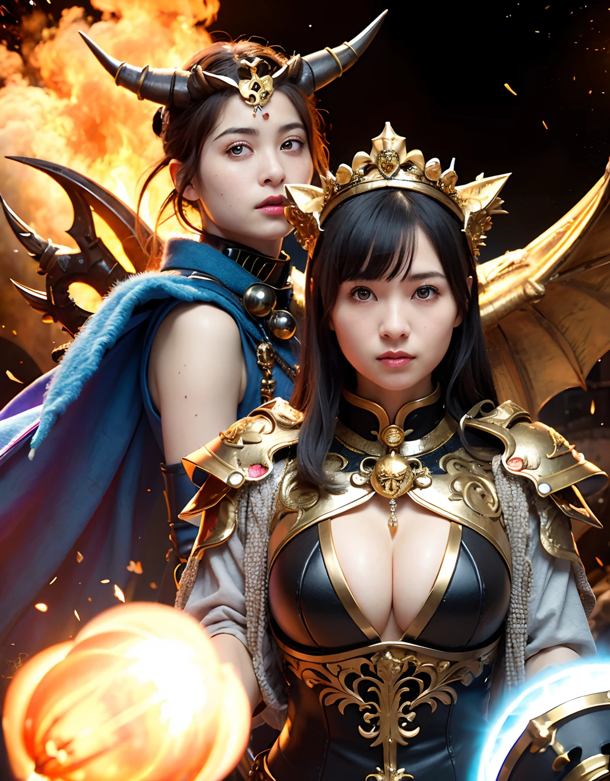 Professional , masterpiece、top-quality、photos realistic , 、top-quality、超A high resolution、(Photorealsitic:1.4)、Raw photo、depth of fields (Gemstone Gold Metal Body:1.9),(Matte White、Toostock、(cleavage of the breast)、(Detailed Dragon Armor)、(Have the strongest weapon)、((Random Hairstyles 1.6),Dark Fantasy,)explosions、intense fighting、(Precipitous cliffs),Dragon Gold Weapon,Mystical expression、Particles of light、Fight dragons、(Detailed Dragon Helmet),Gorgeous Silver Weapons ,(( Dragon's dense and gorgeous sword)) , Beautiful knife ,warhammer 40k ,Detail and gorgeous crown、((Blue hair))、(Castle background)、、((Gangle's forest background))、Beautiful Caucasian beauty、1a person、dynamic ungle,(((Detailed and ornate Black Devil Crown)))、Smaller head、A smile、Castle background、Thin and beautiful female hands、cleavage of the breast、Soldier in iron armor on background、Mystical expression、Light Effects、intense fighting、Wind-effect、magic circles、With the legendary magic wand、(demonic wings)、Toostock、