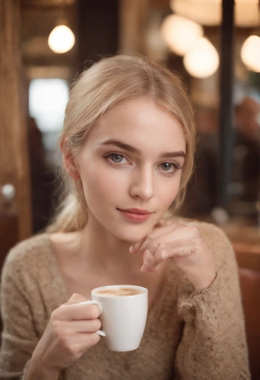 A woman in a café, femme blonde, age de 20 ans, Drinks coffee with a heart inside, tres belle femme, main sur sa joue, regard intense, collier sur son cou, watch on his wrist