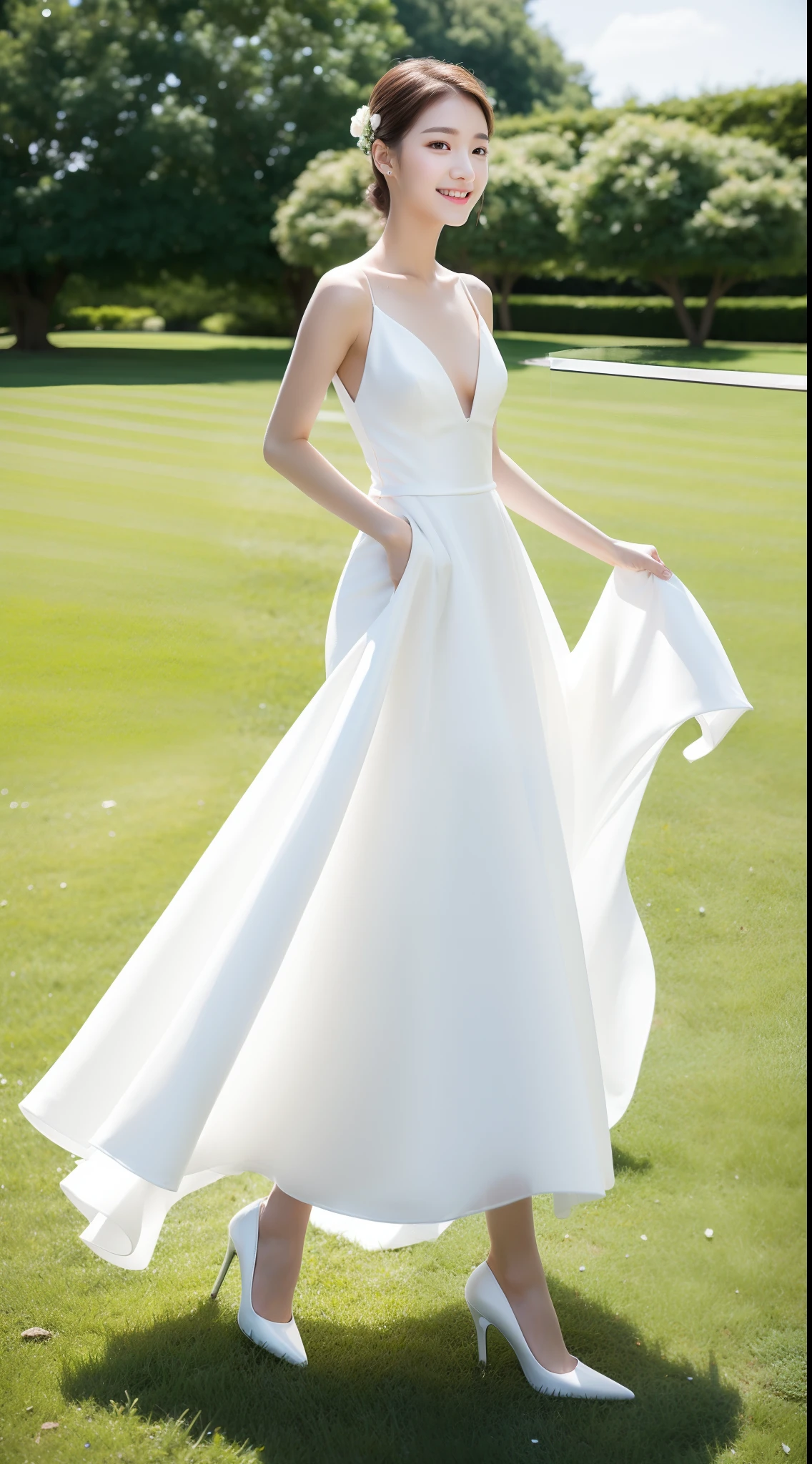 Ultra-clear resolution,top Quority,Wonderful young girl,ear studs,Clear eyes,plain face,Gloss on lips,s the perfect face,White skin,Perfect chest,Slender legs,wedding gown,high-heels,lawns
