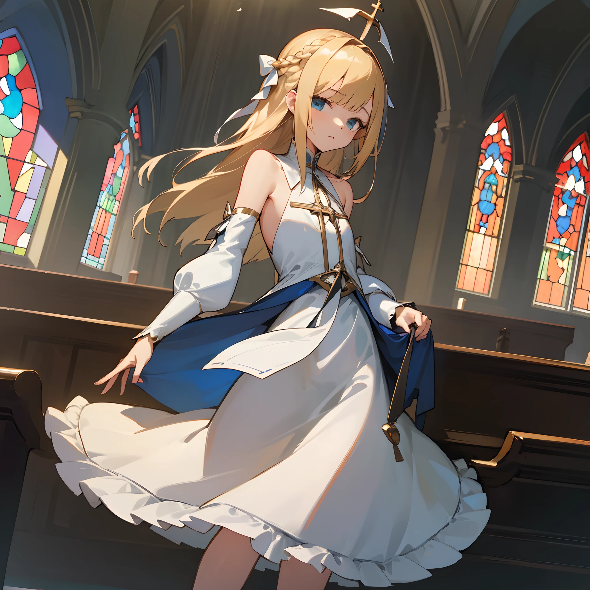 Reines, 1girl, high quality, best quality, illustration, masterpiece, (highly detailed:1.2), (extremely detailed:1.3), flat chest, bare shoulders, young girl, white dress, looking at viewers, short skirt, white, string ribbon, priestess, priestess's clothes, crown braid, petite, stained glass, church