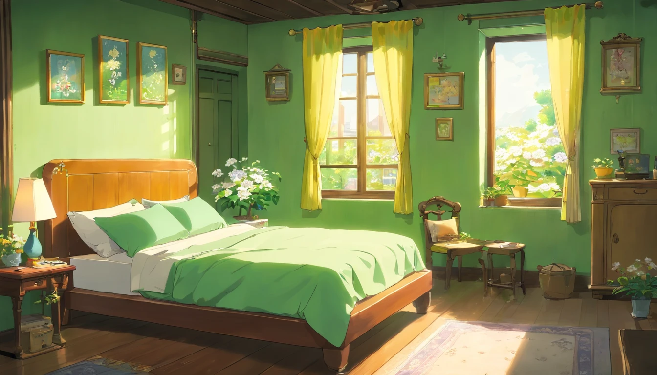 Urban Indoor,Room bedroom,a bed,(single bed), a bed for one person, Simple style, white flower, guitar (the main color is green and yellow)