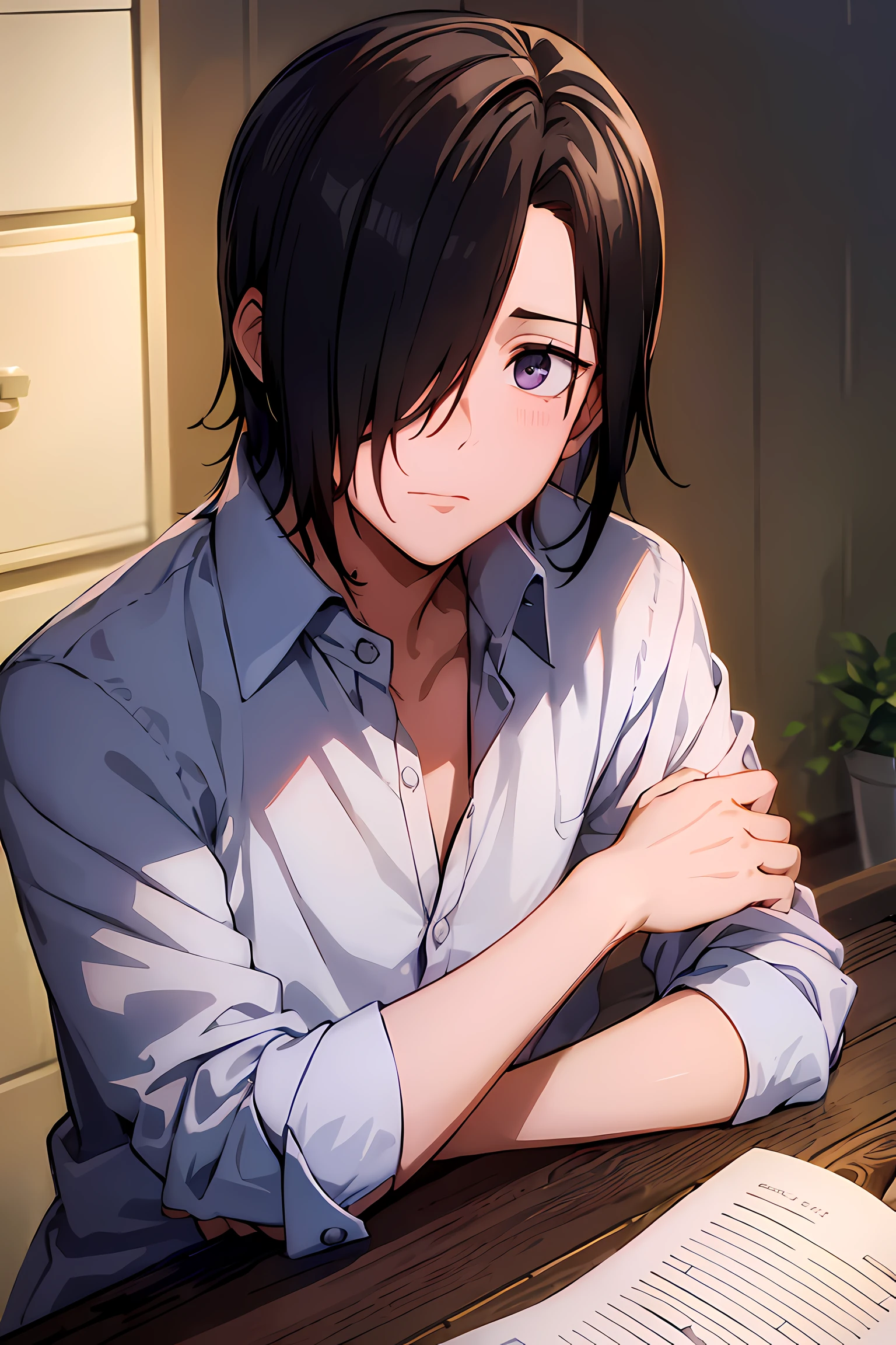 masterpiece, best quality, high quality, 1boy, solo, male focus,deep violet eyes, bang covering left eye, looking at viewer, wearing japanese high school uniform, upper body, leaning on a table, Ishigami_Yuu