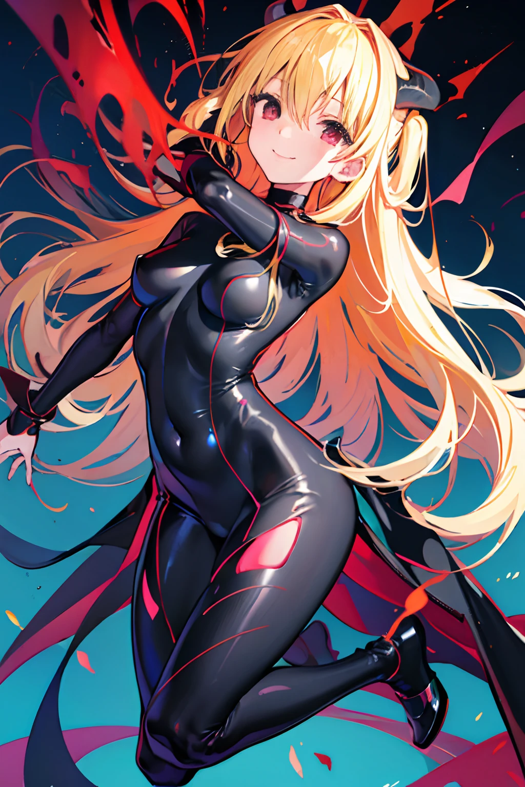 Carefully draw the face 5 year old girl High-quality faces in anime style a blond Shiny black full body suit Red lines all over the body seductiv a smile succubus