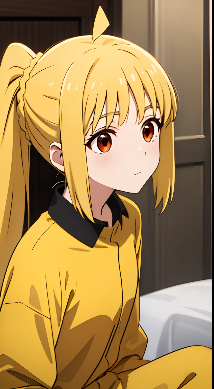 A girl with blonde hair and red eyes in a white shirt, wearing red and yellow clothes, with a ponytail, celebrity, with full bangs, ultra detail, hight quality, best quality