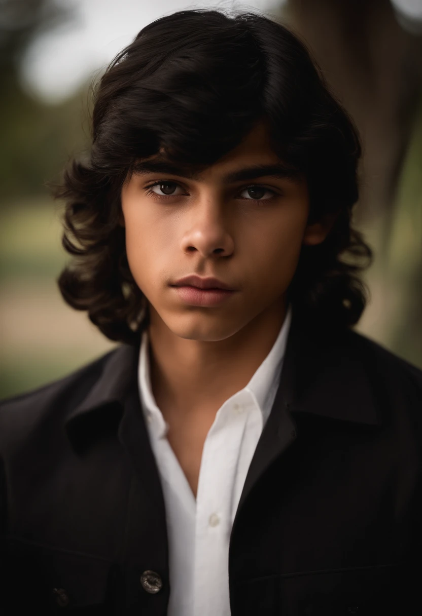 A mexican teenage boy with a long black mullet haircut, ((big lips)), and ((slanted eyes)), almond-shaped eyes, big lips, white dress shirt, long eyelashes.